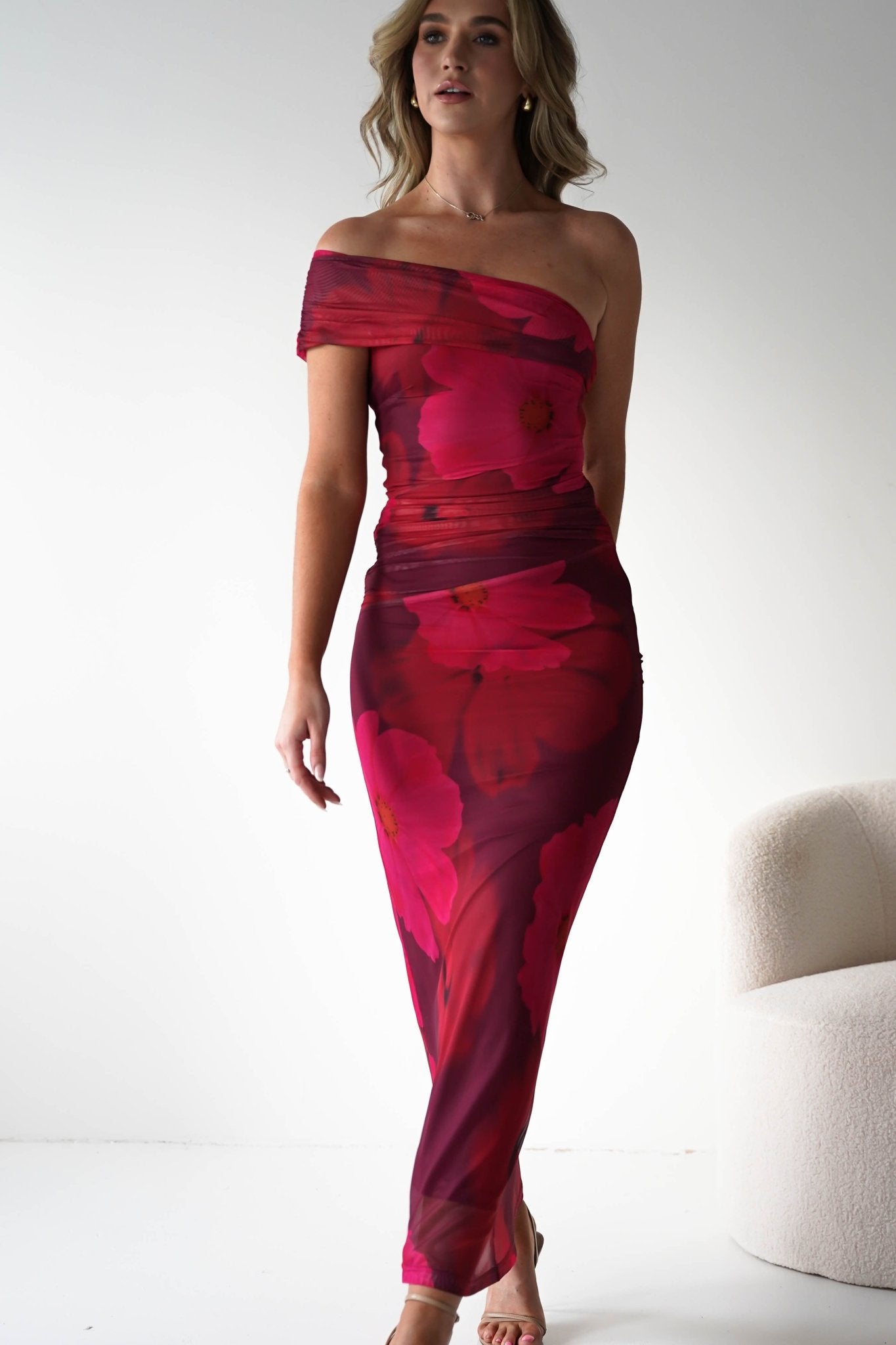 Mayflower Mesh Bodycon Midaxi Dress | Red/Pink | Wedding Guest | Graduation | Oh Hello Clothing