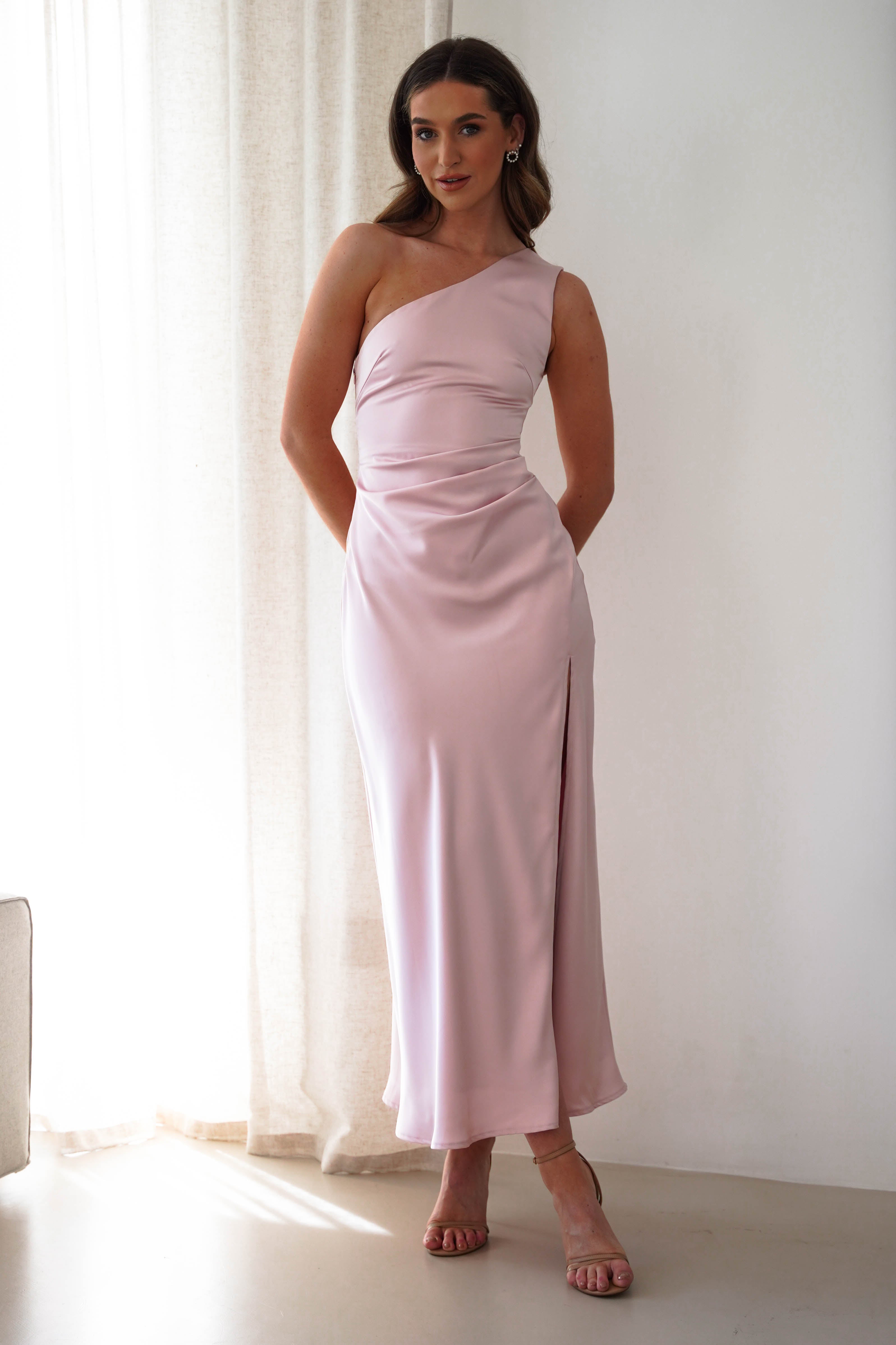 Meera Soft Matte Satin Midaxi Dress Blush Pink | Wedding Guest Dress | Satin | Oh Hello Clothing
