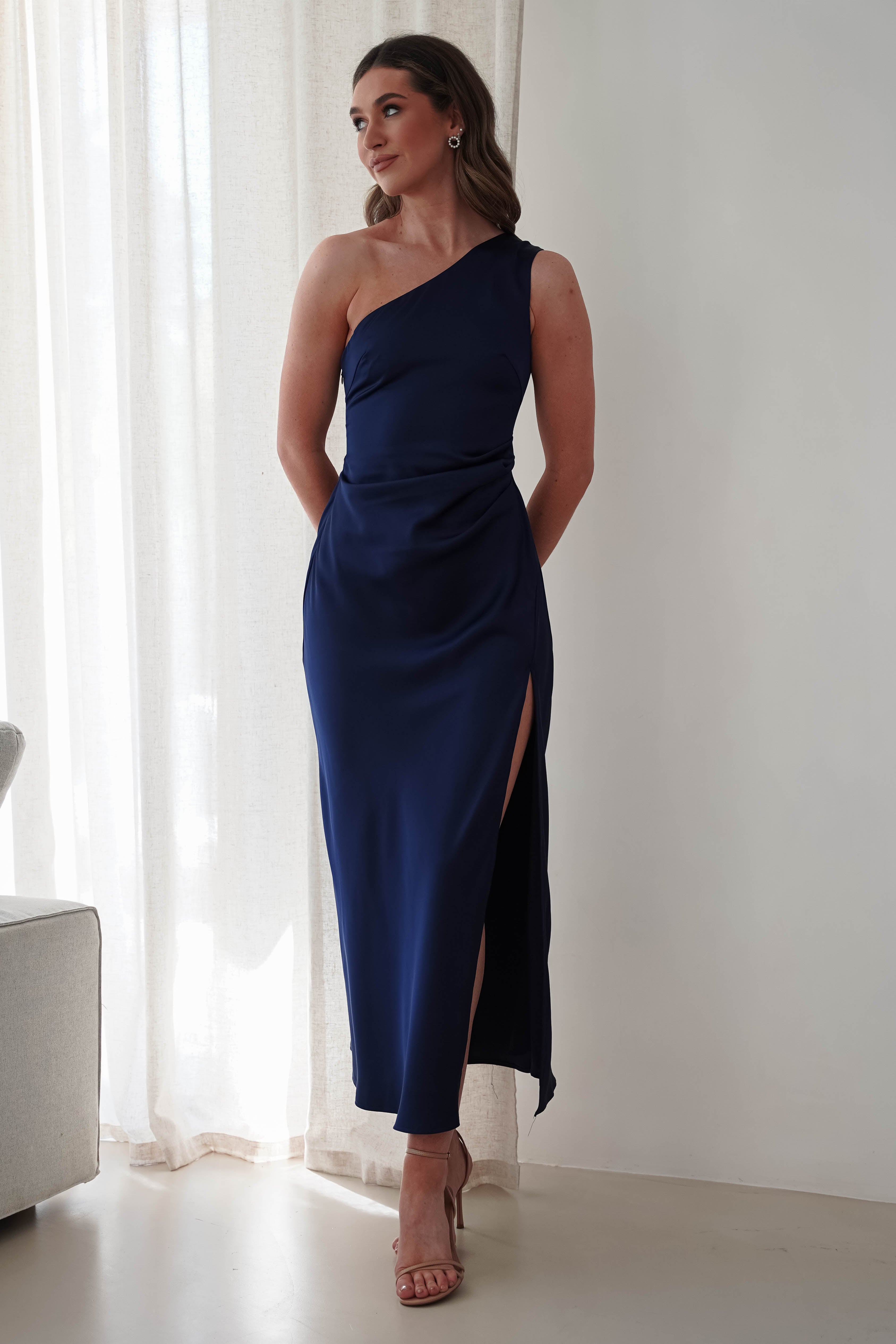 Meera Soft Matte Satin Midaxi Dress Navy | Wedding Guest Dress | Satin | Oh Hello Clothing
