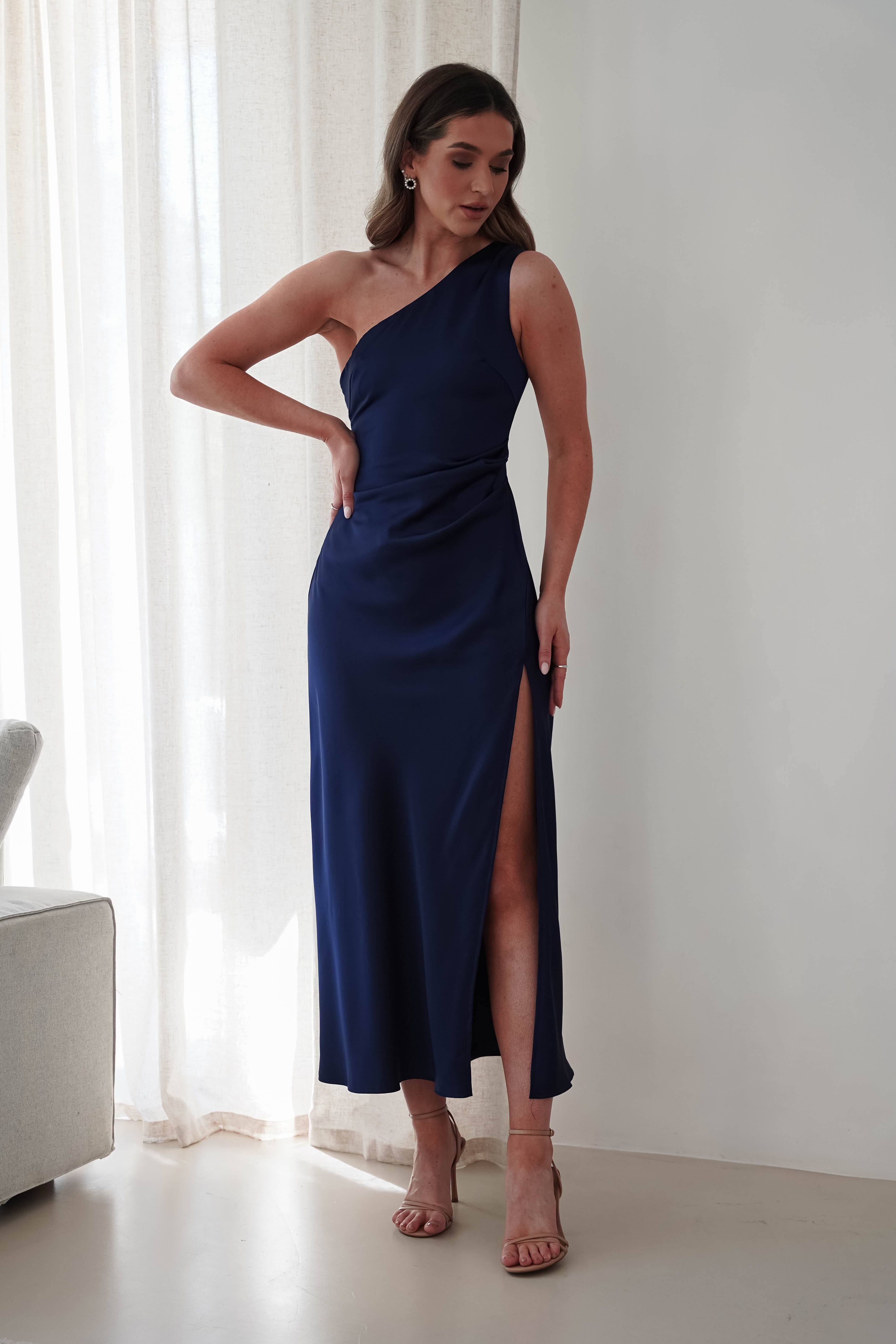 Meera Soft Matte Satin Midaxi Dress Navy | Wedding Guest Dress | Satin | Oh Hello Clothing
