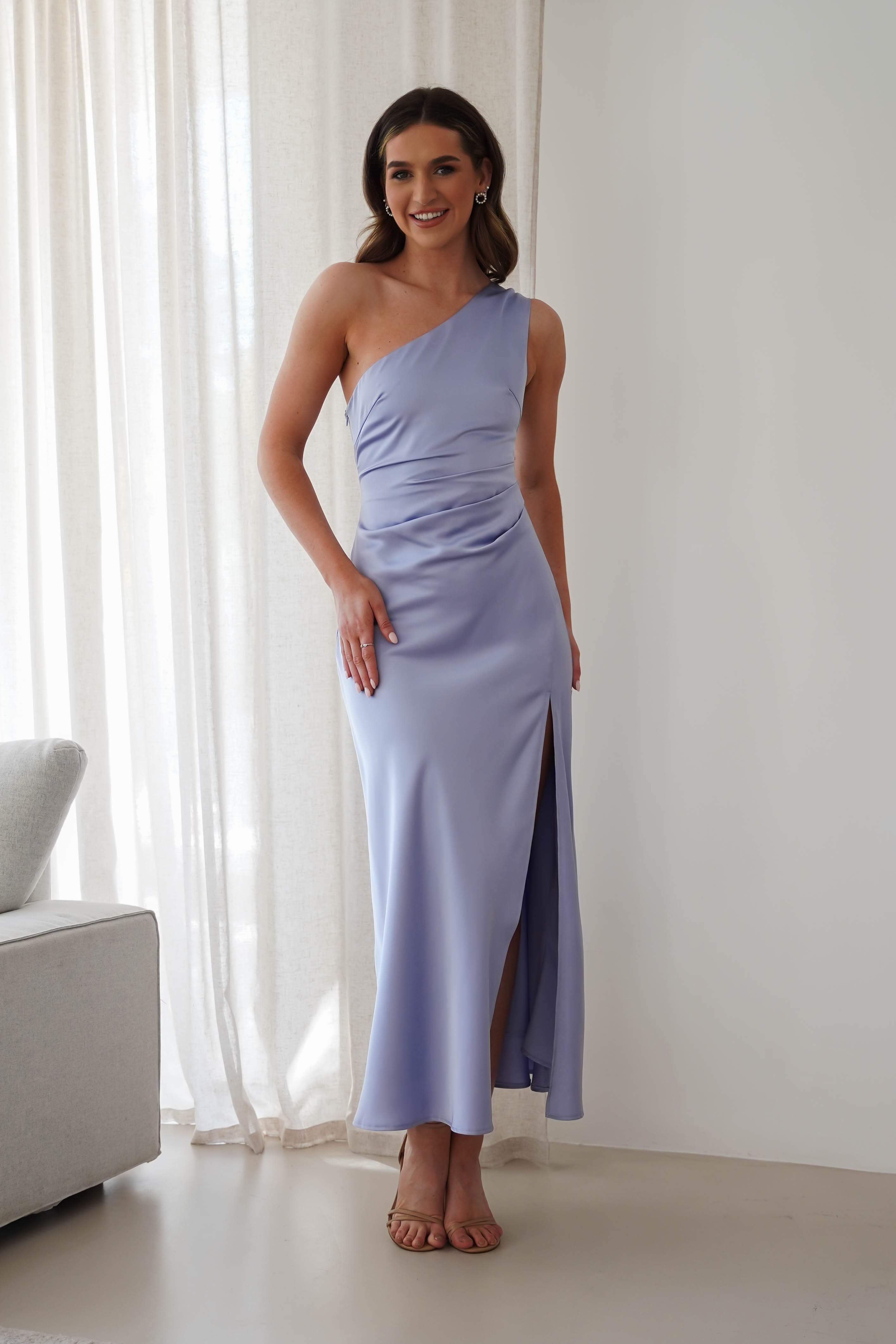 Meera Soft Matte Satin Midaxi Dress Periwinkle Blue | Wedding Guest Dress | Satin | Oh Hello Clothing