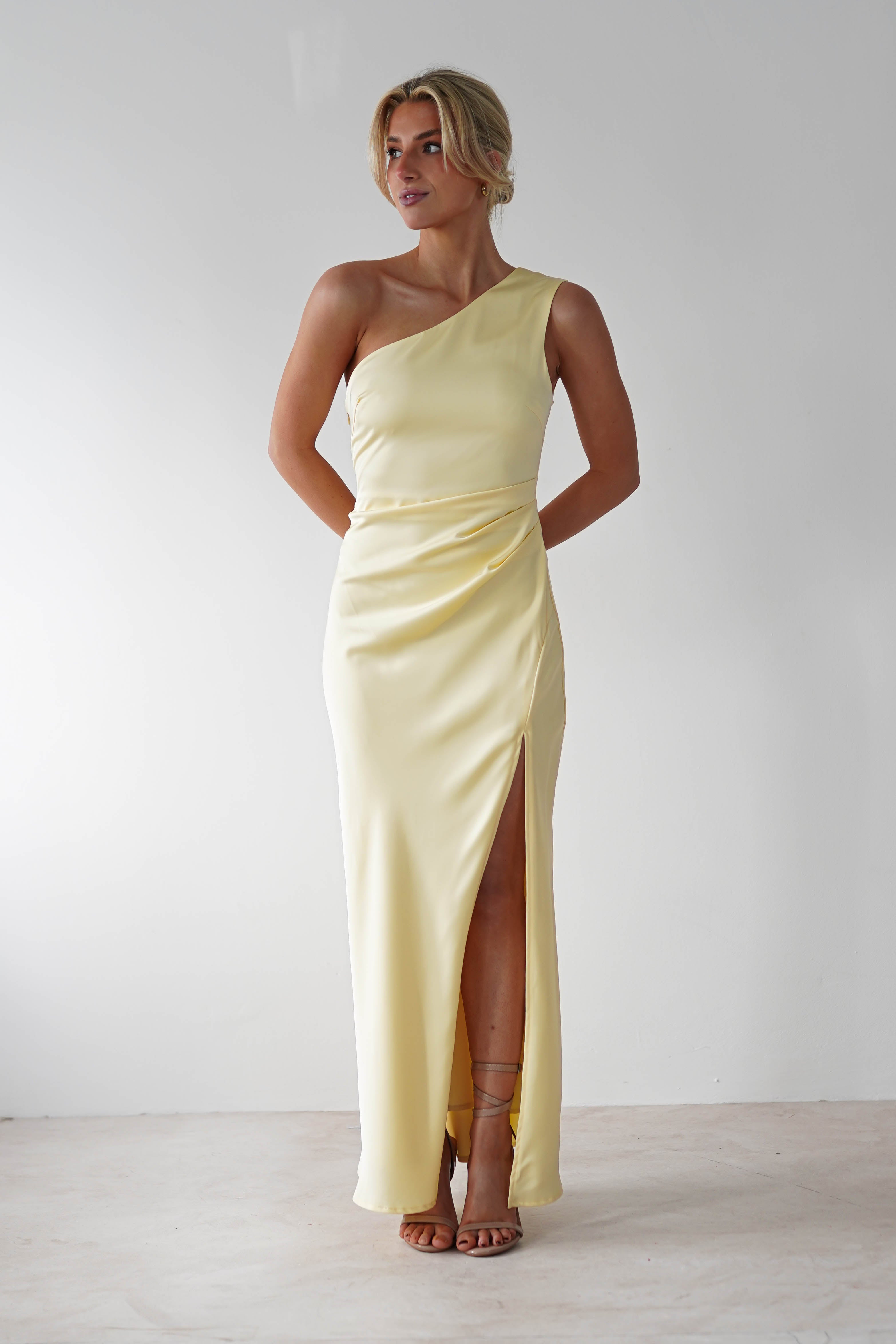 Meera Soft Matte Satin Midaxi Dress Yellow | Wedding Guest Dress | Satin | Oh Hello Clothing