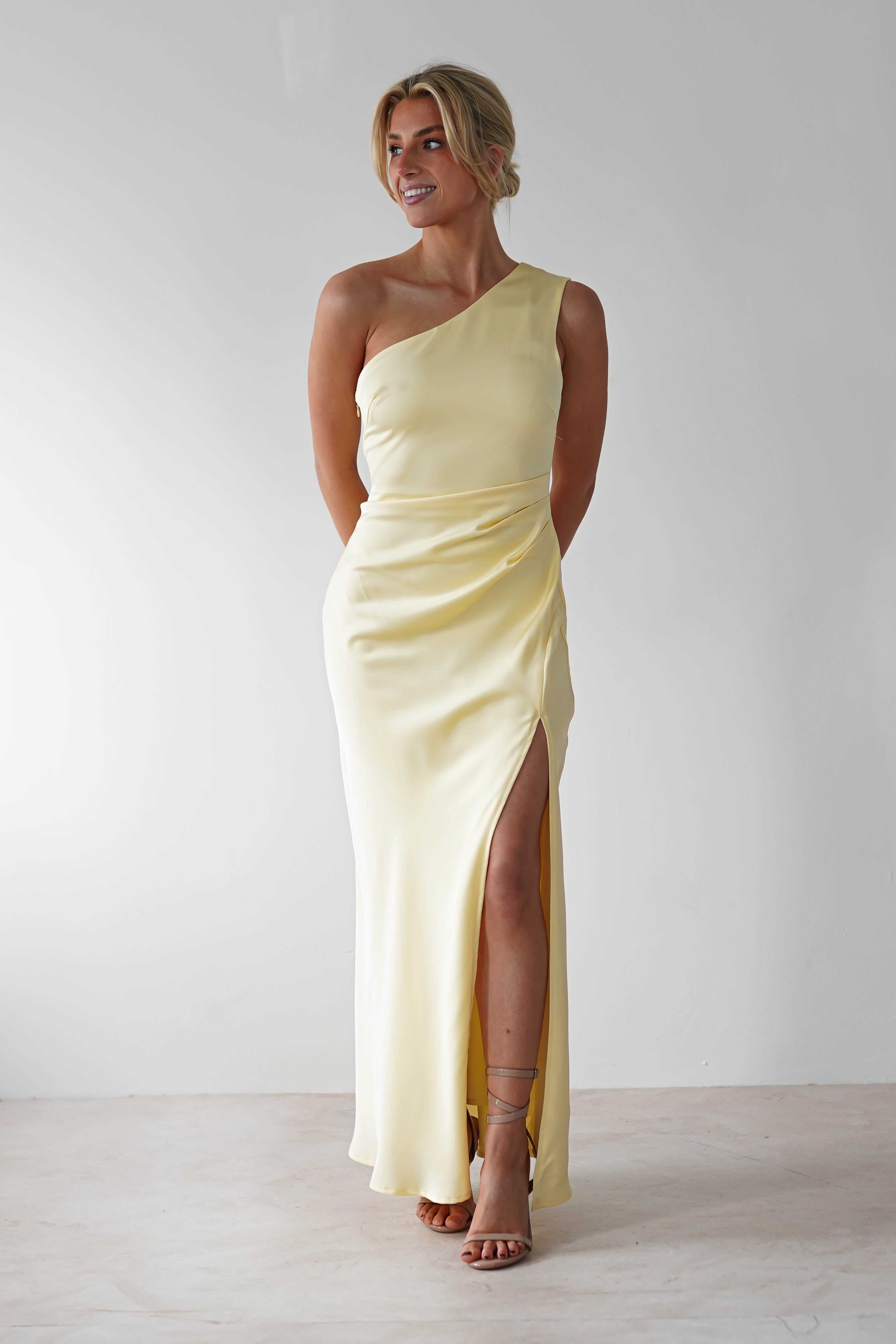Meera Soft Matte Satin Midaxi Dress Yellow | Wedding Guest Dress | Satin | Oh Hello Clothing