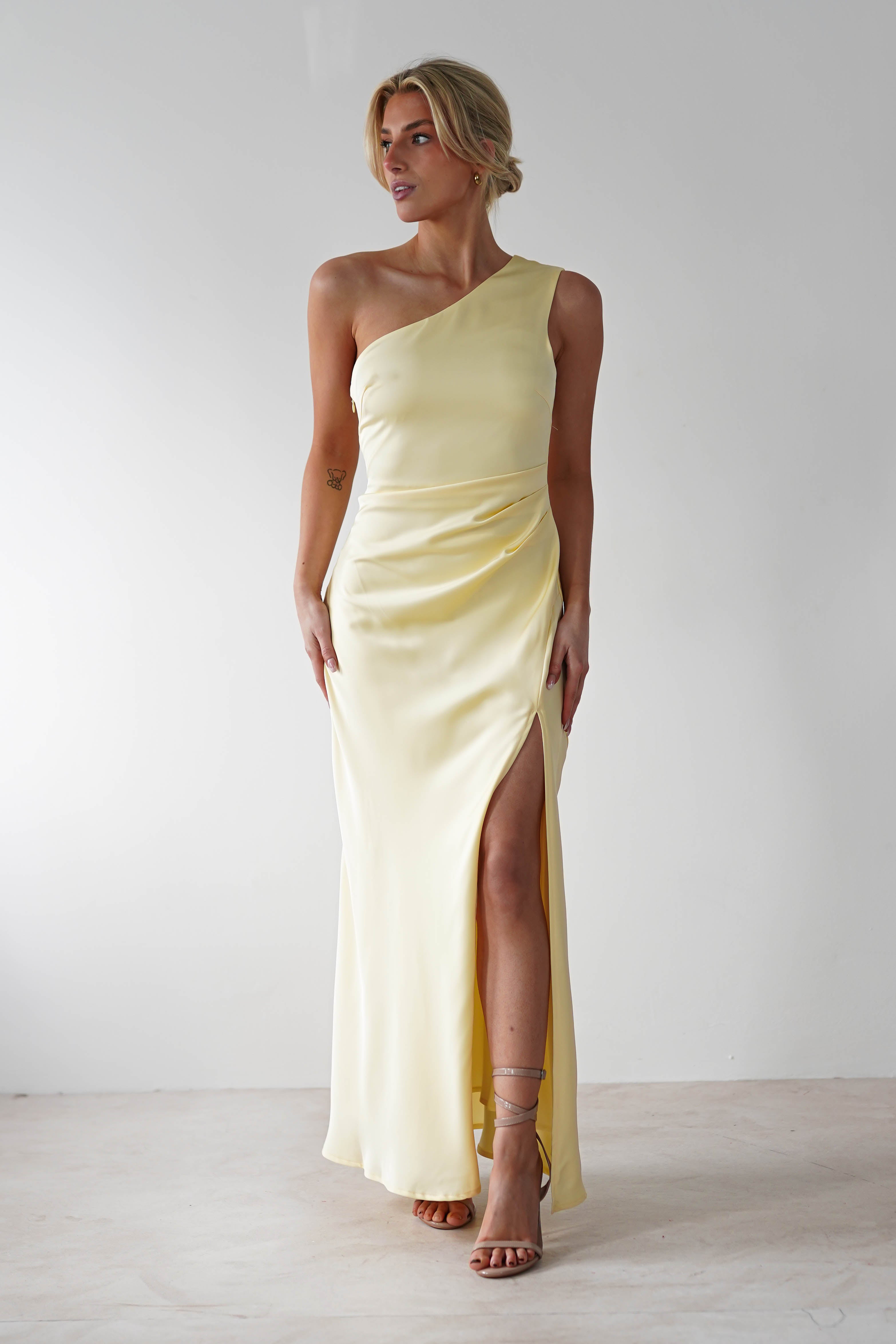 Meera Soft Matte Satin Midaxi Dress Yellow | Wedding Guest Dress | Satin | Oh Hello Clothing