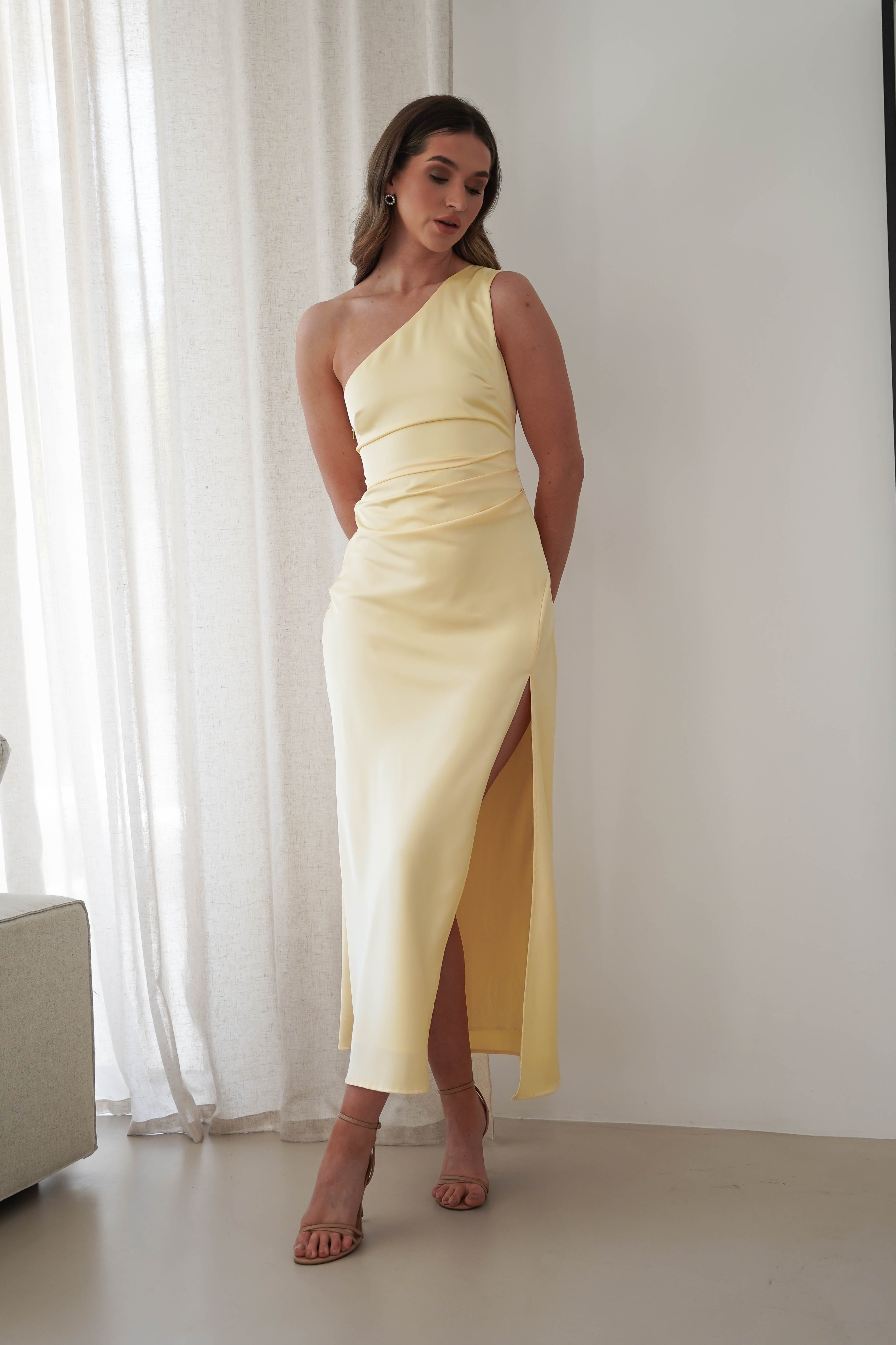 Meera Soft Matte Satin Midaxi Dress Yellow | Wedding Guest Dress | Satin | Oh Hello Clothing
