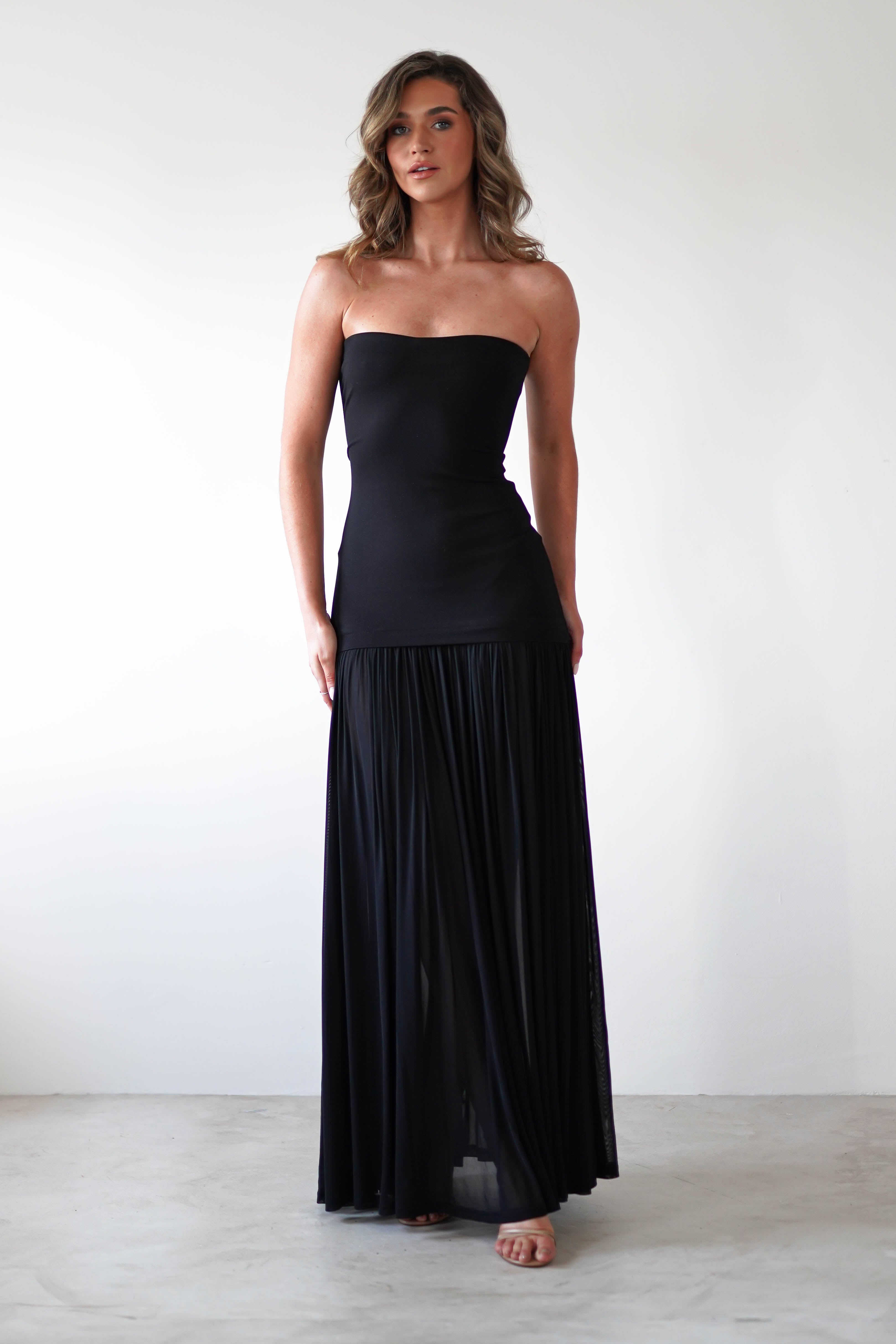Mel Strapless Chiffon Skirt Maxi Dress Black | Wedding Guest Dress | Maxi | Chiffon | Oh Hello Clothing