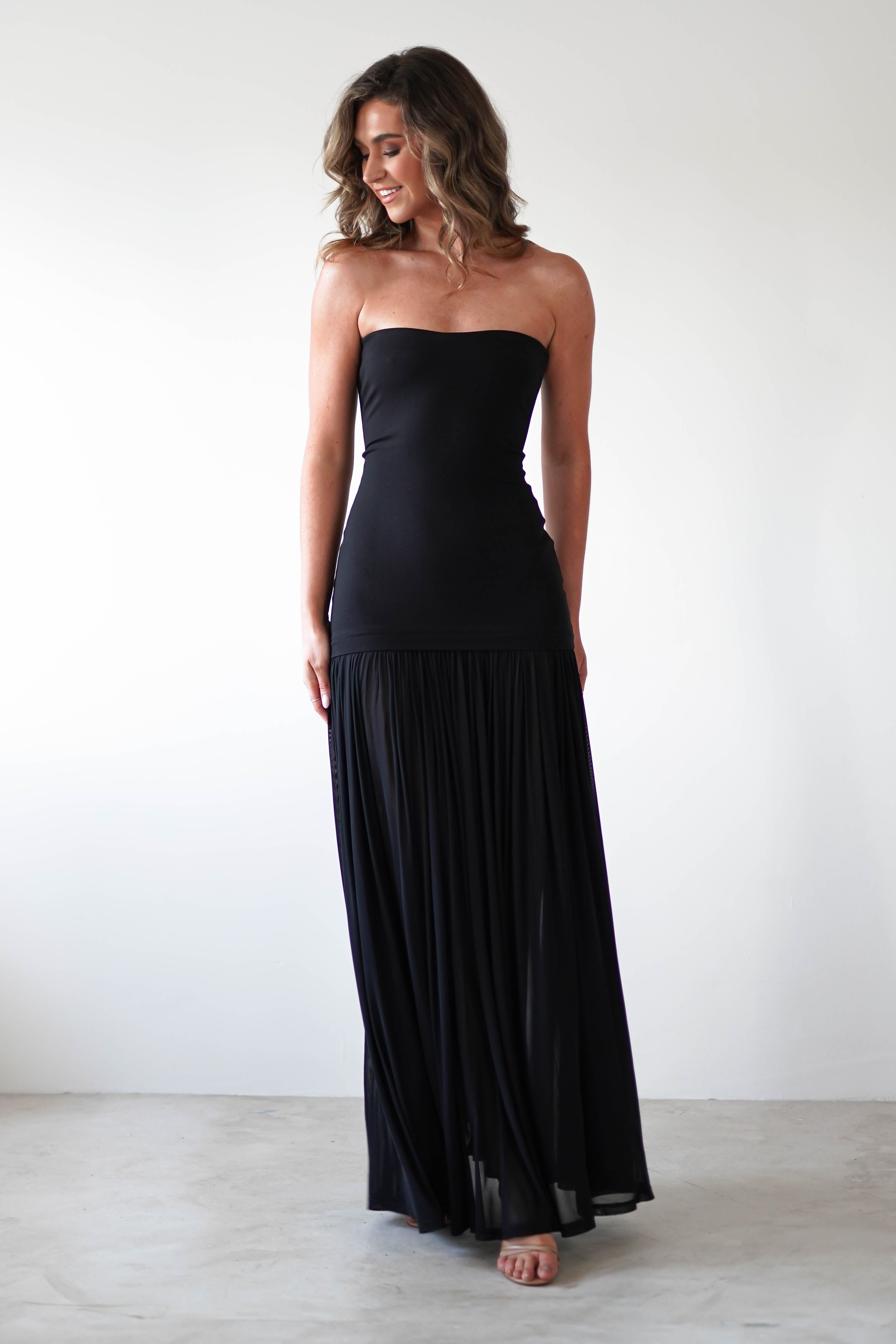 Mel Strapless Chiffon Skirt Maxi Dress Black | Wedding Guest Dress | Maxi | Chiffon | Oh Hello Clothing