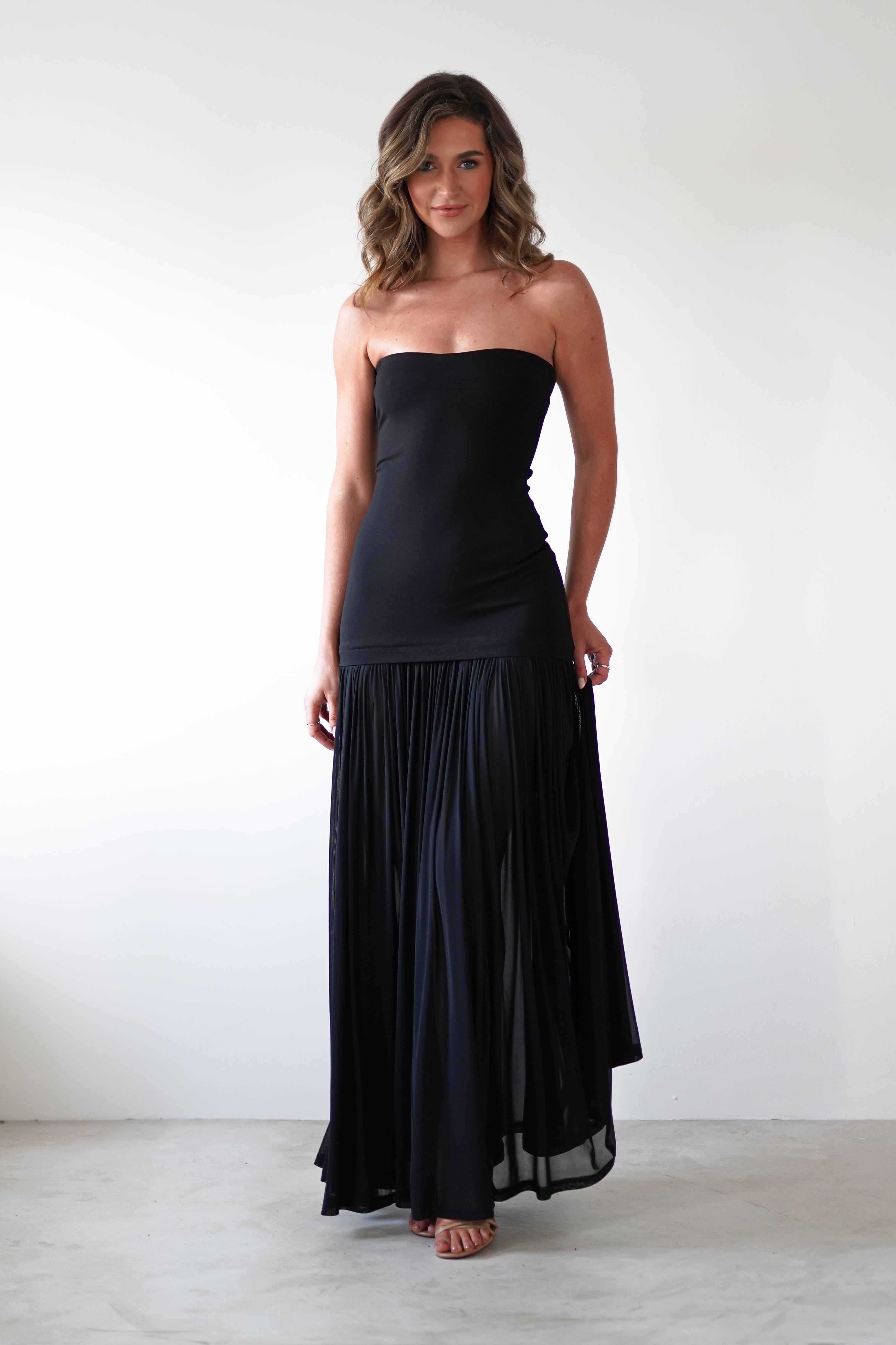 Mel Strapless Chiffon Skirt Maxi Dress Black | Wedding Guest Dress | Maxi | Chiffon | Oh Hello Clothing