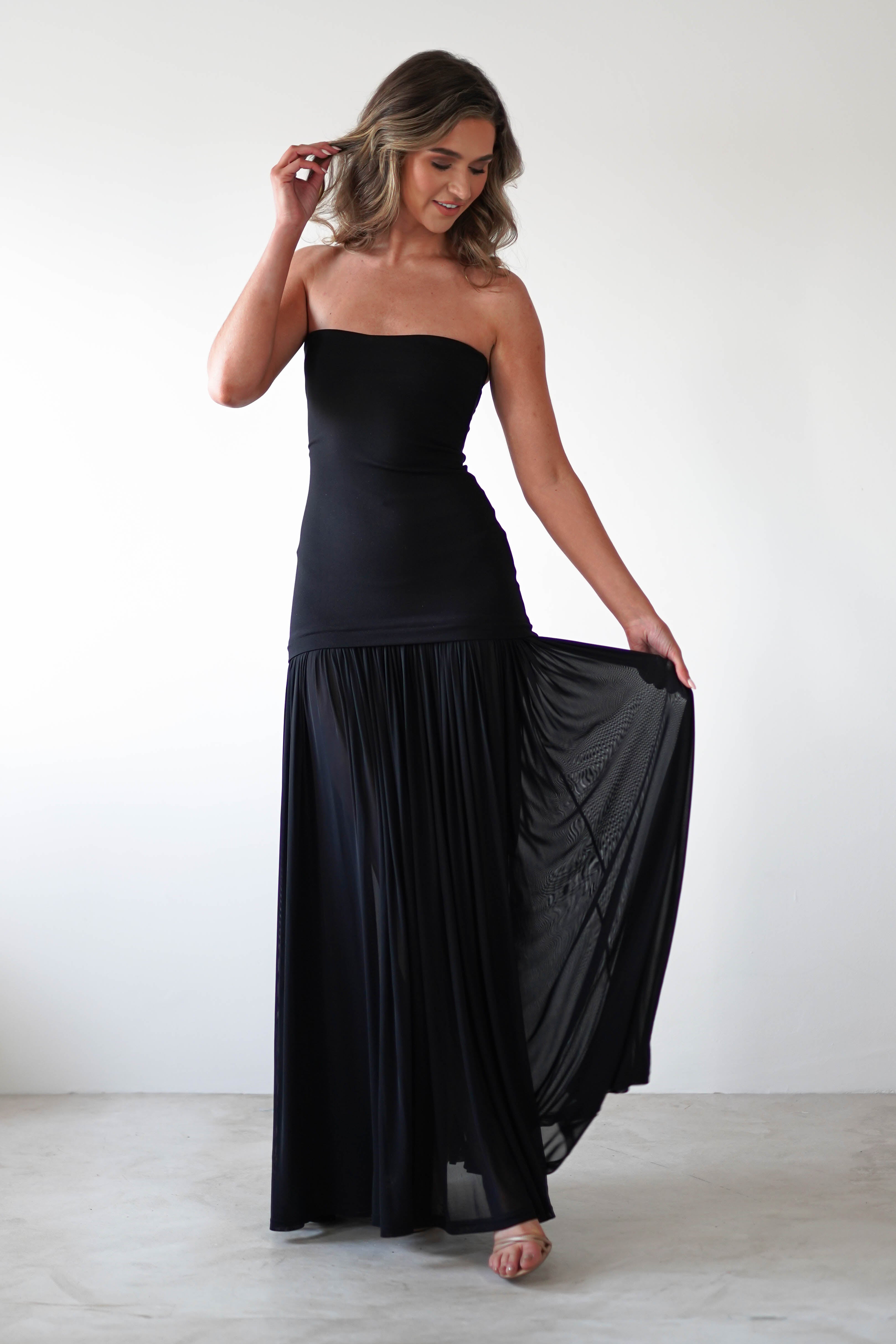 Mel Strapless Chiffon Skirt Maxi Dress Black | Wedding Guest Dress | Maxi | Chiffon | Oh Hello Clothing