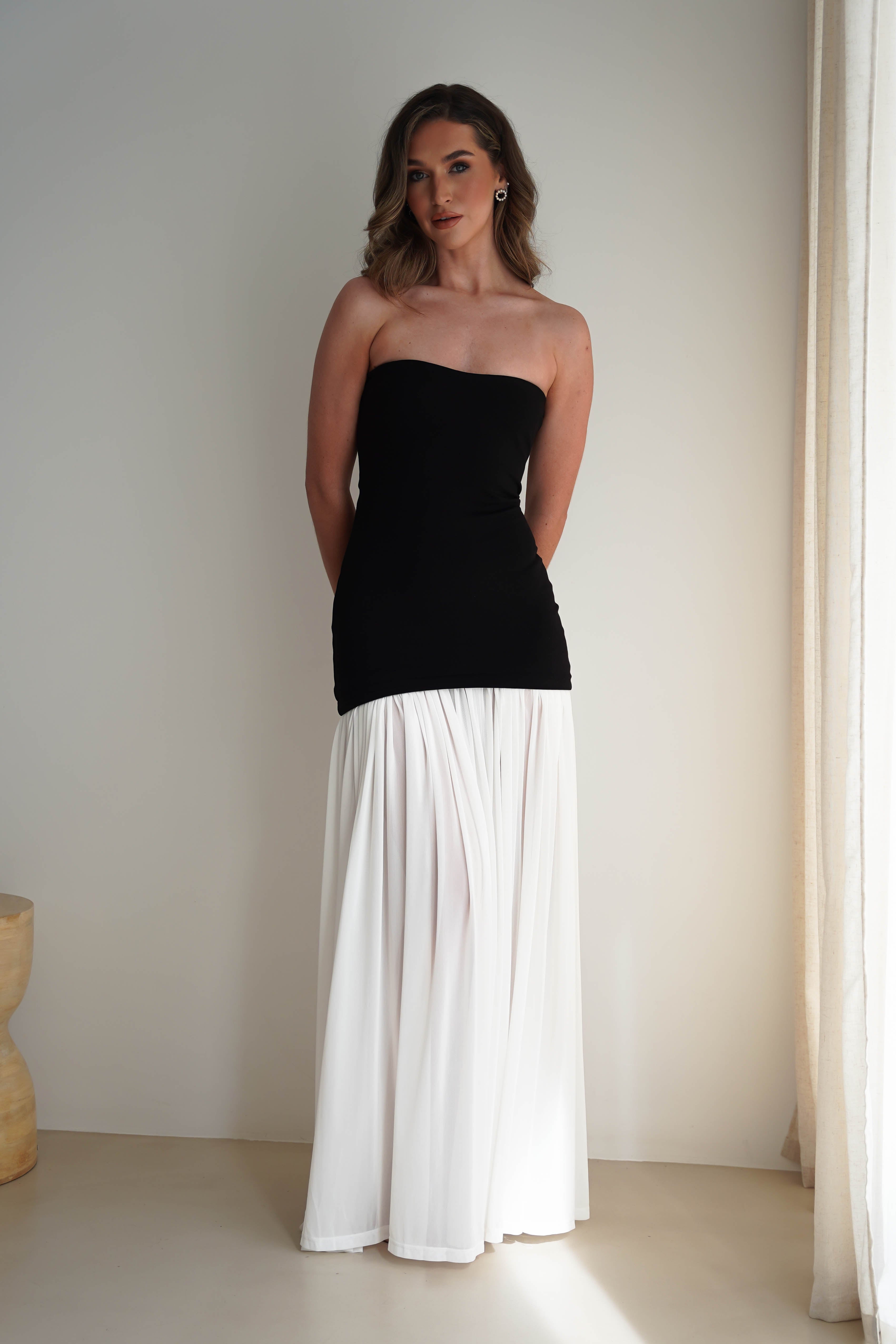 Mel Strapless Chiffon Skirt Maxi Dress Black/White | Wedding Guest Dress | Maxi | Chiffon | Oh Hello Clothing