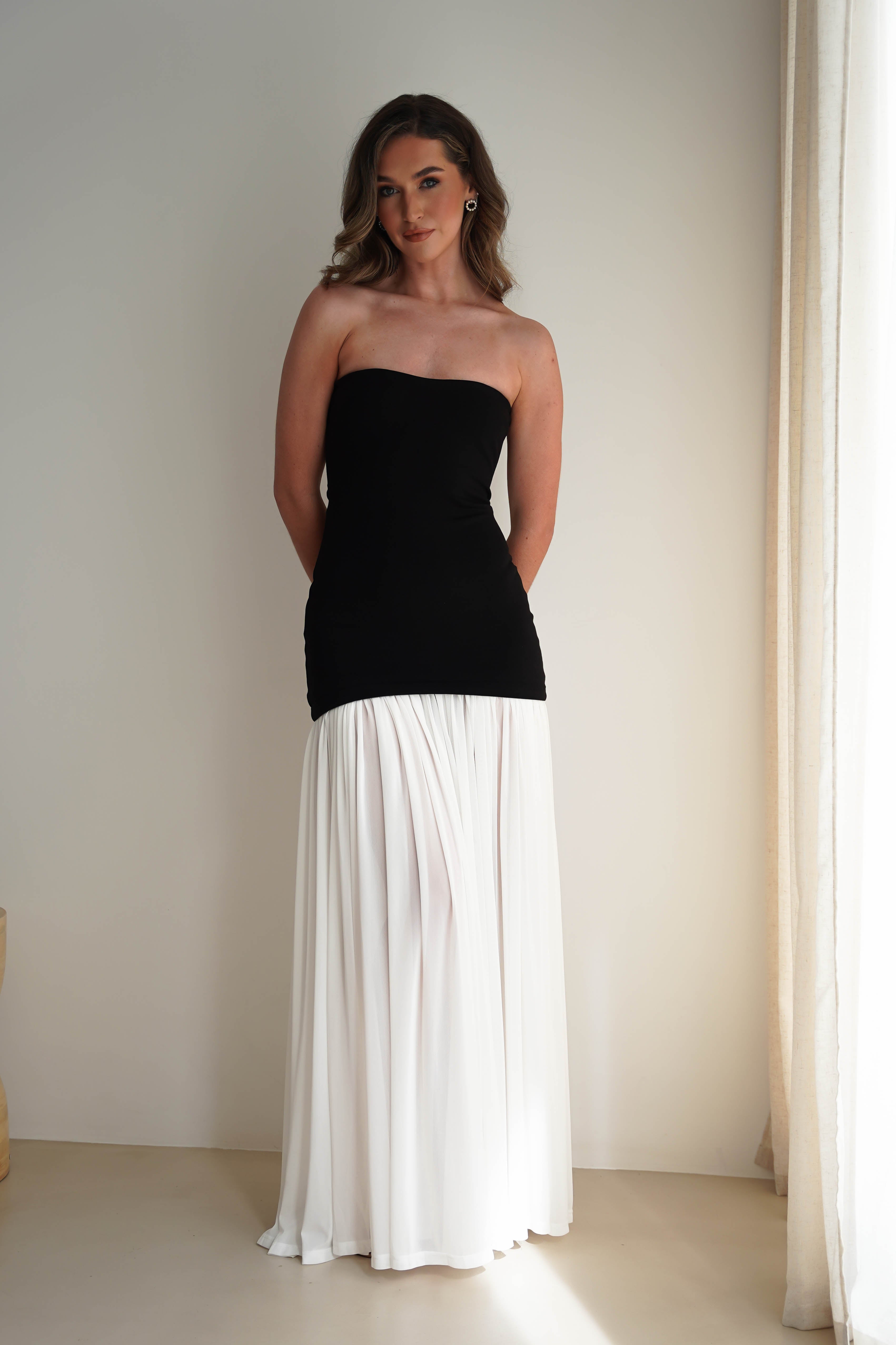 Mel Strapless Chiffon Skirt Maxi Dress Black/White | Wedding Guest Dress | Maxi | Chiffon | Oh Hello Clothing