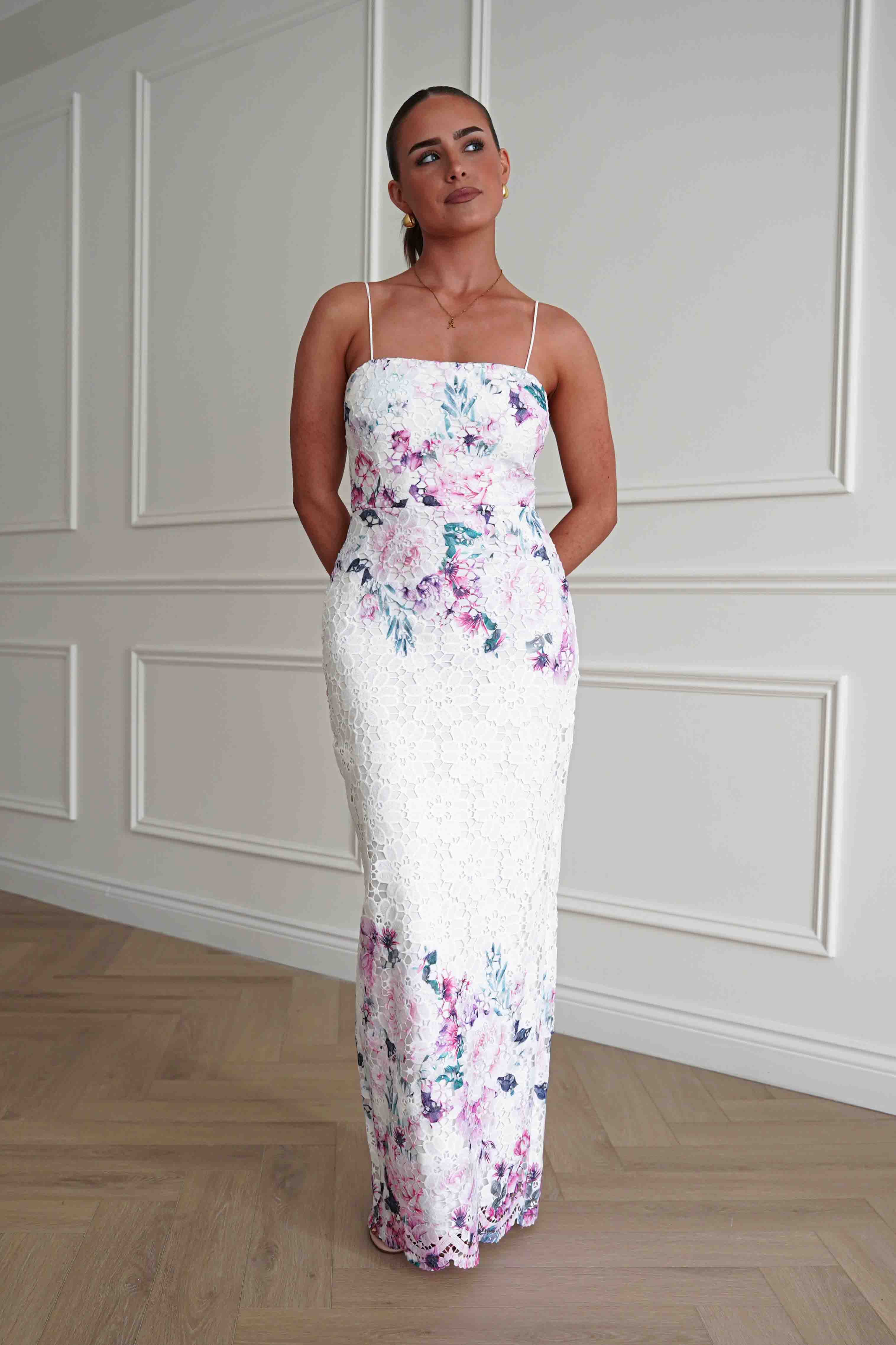 Oh Hello Clothing Women > Clothing > Dresses Melanie Floral Lace Midaxi Dress | White/Pink