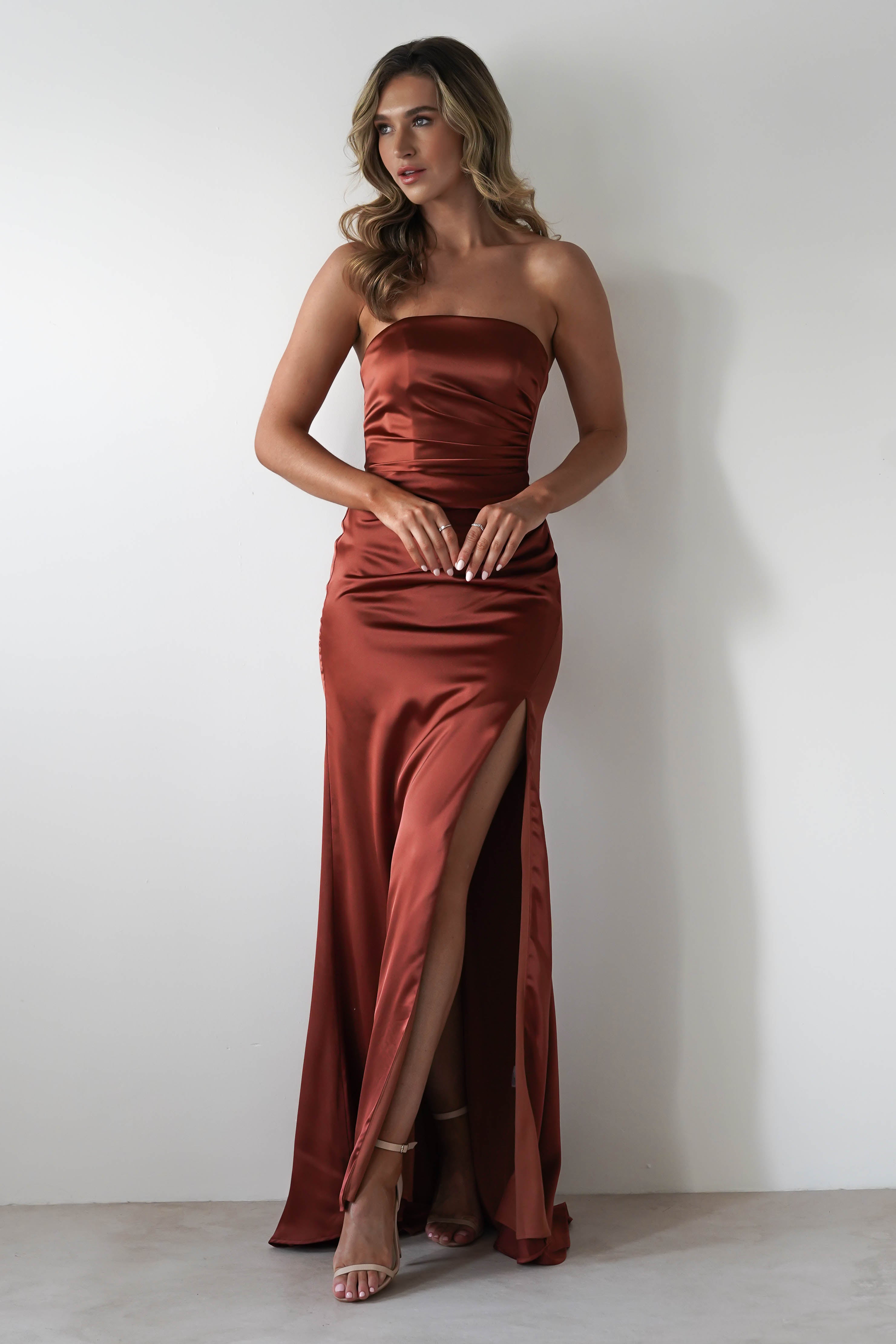 Melanie Soft Satin Maxi Gown | Rust | Debs & Prom | Formal Gown | Oh Hello Clothing