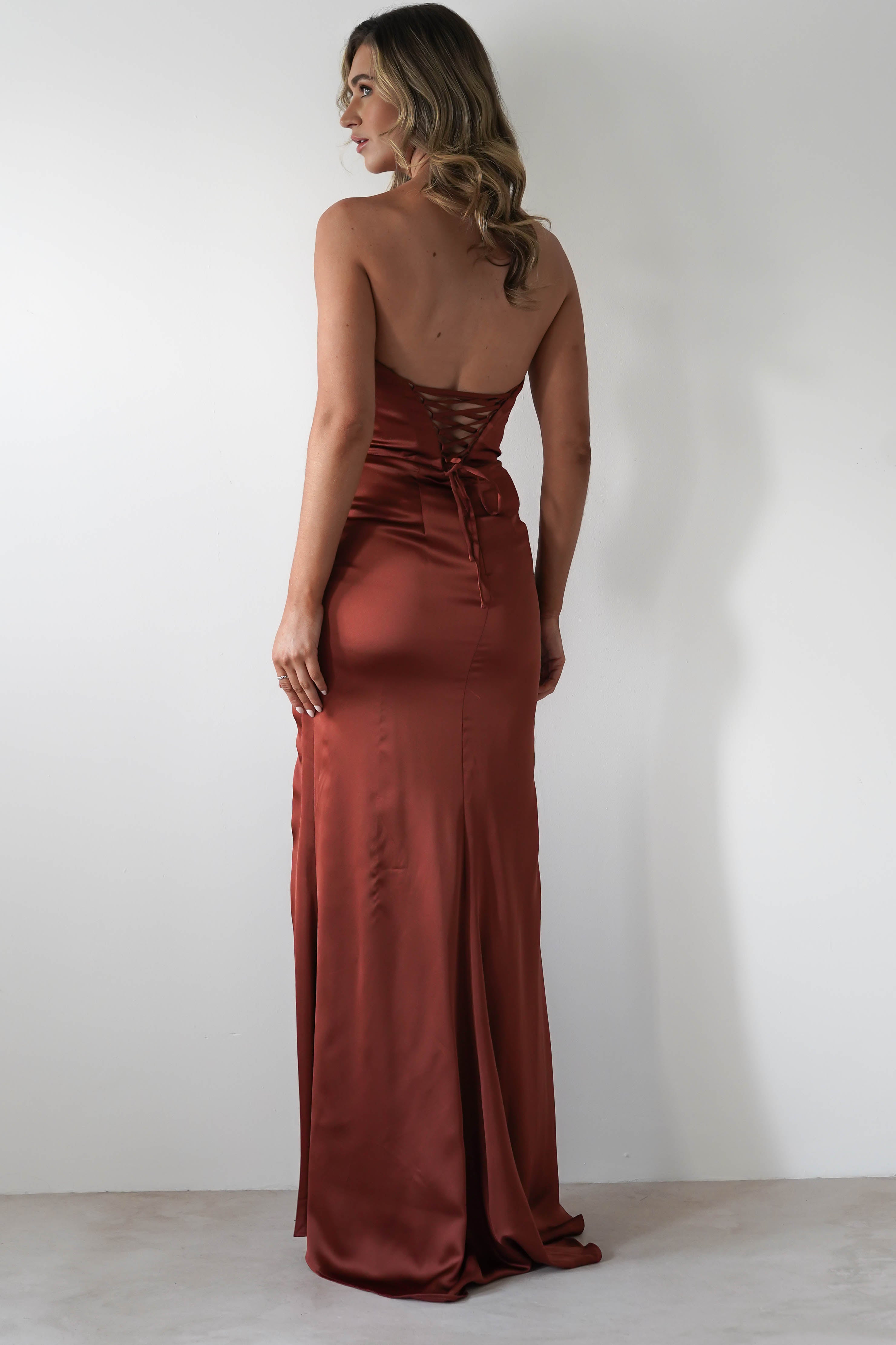 Melanie Soft Satin Maxi Gown | Rust | Debs & Prom | Formal Gown | Oh Hello Clothing