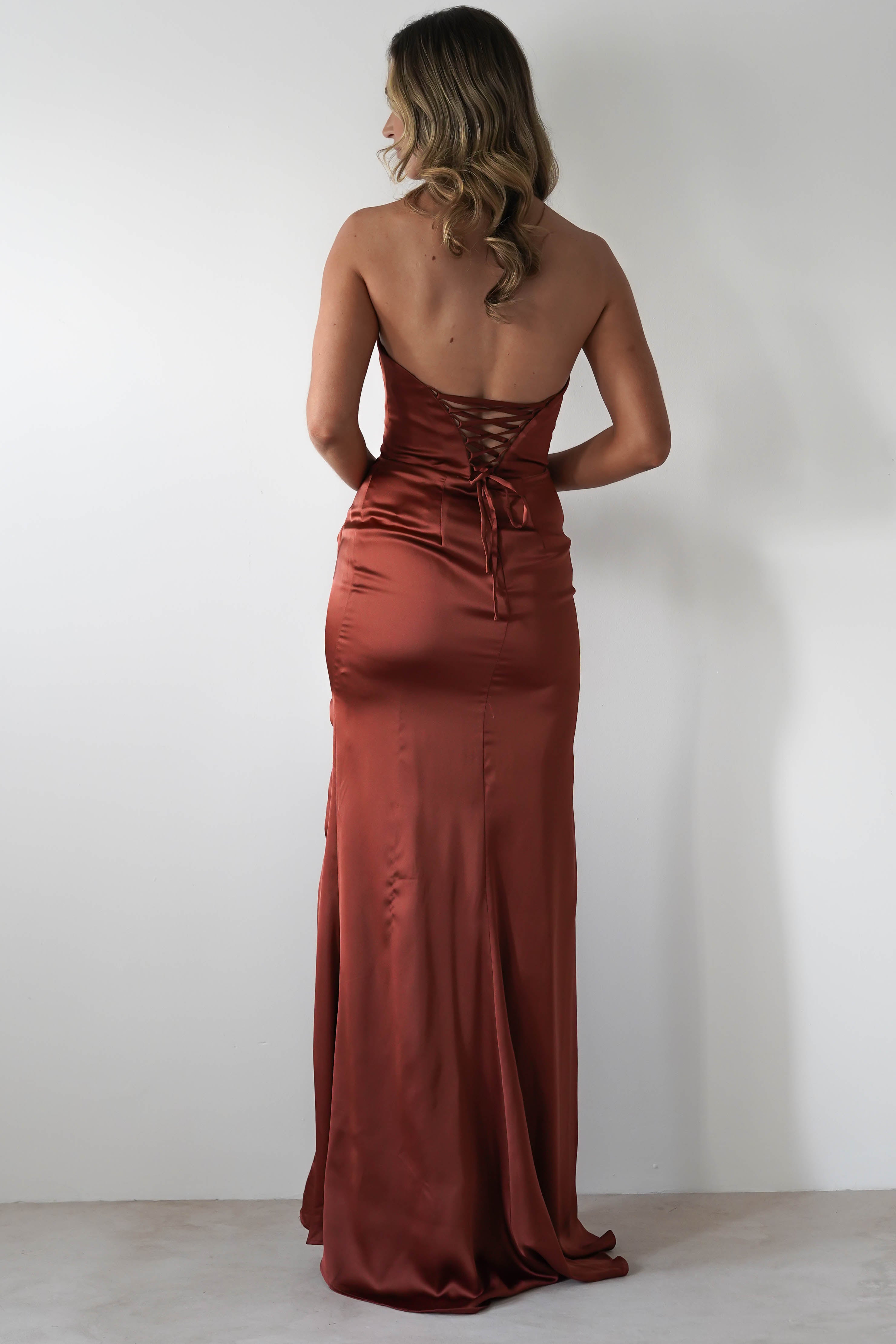Melanie Soft Satin Maxi Gown | Rust | Debs & Prom | Formal Gown | Oh Hello Clothing