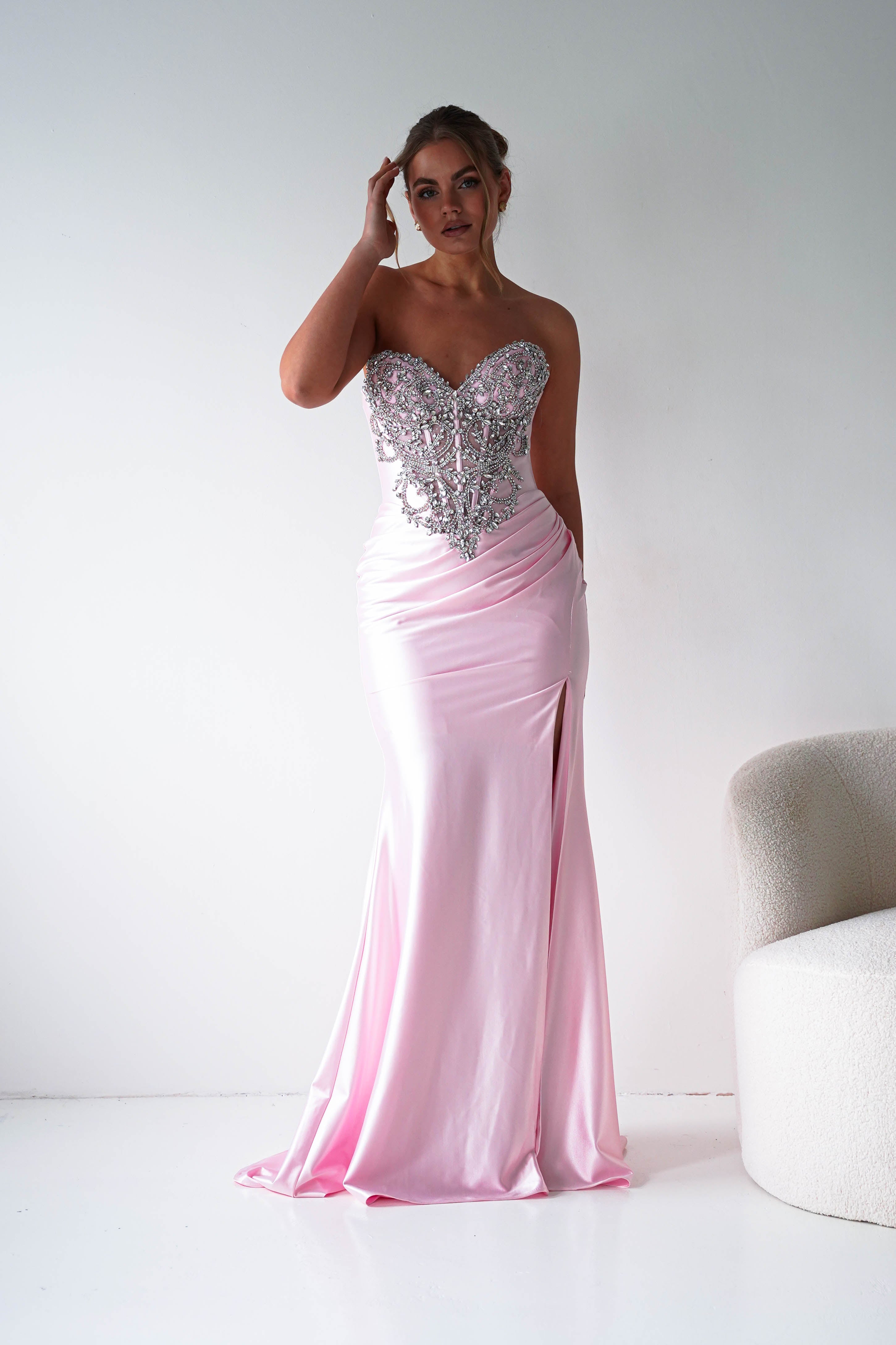 Oh Hello Clothing Women > Clothing > Dresses Melville Strapless Embellished Corset Gown | Pink