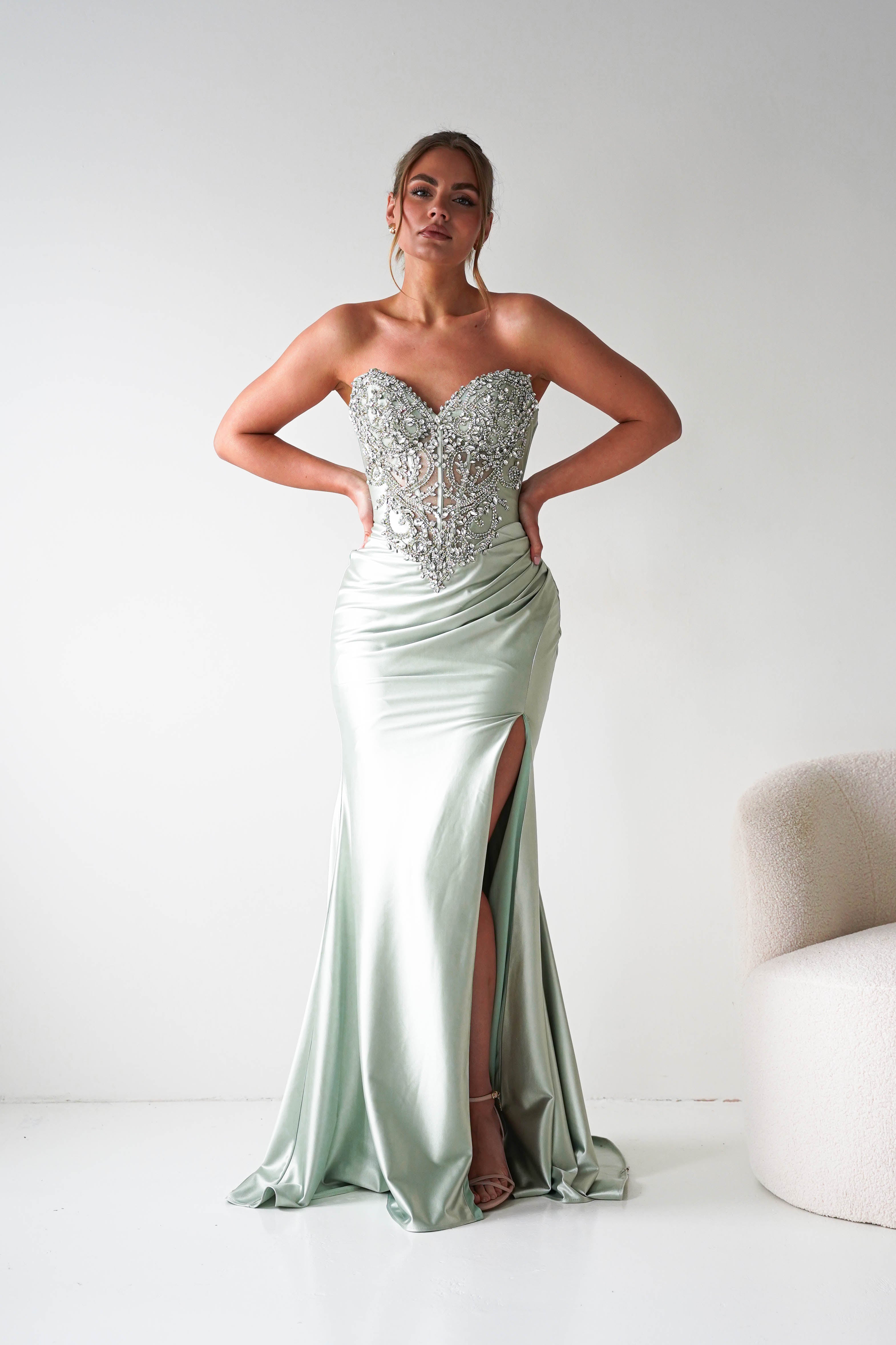 Oh Hello Clothing Women > Clothing > Dresses Melville Strapless Embellished Corset Gown | Sage