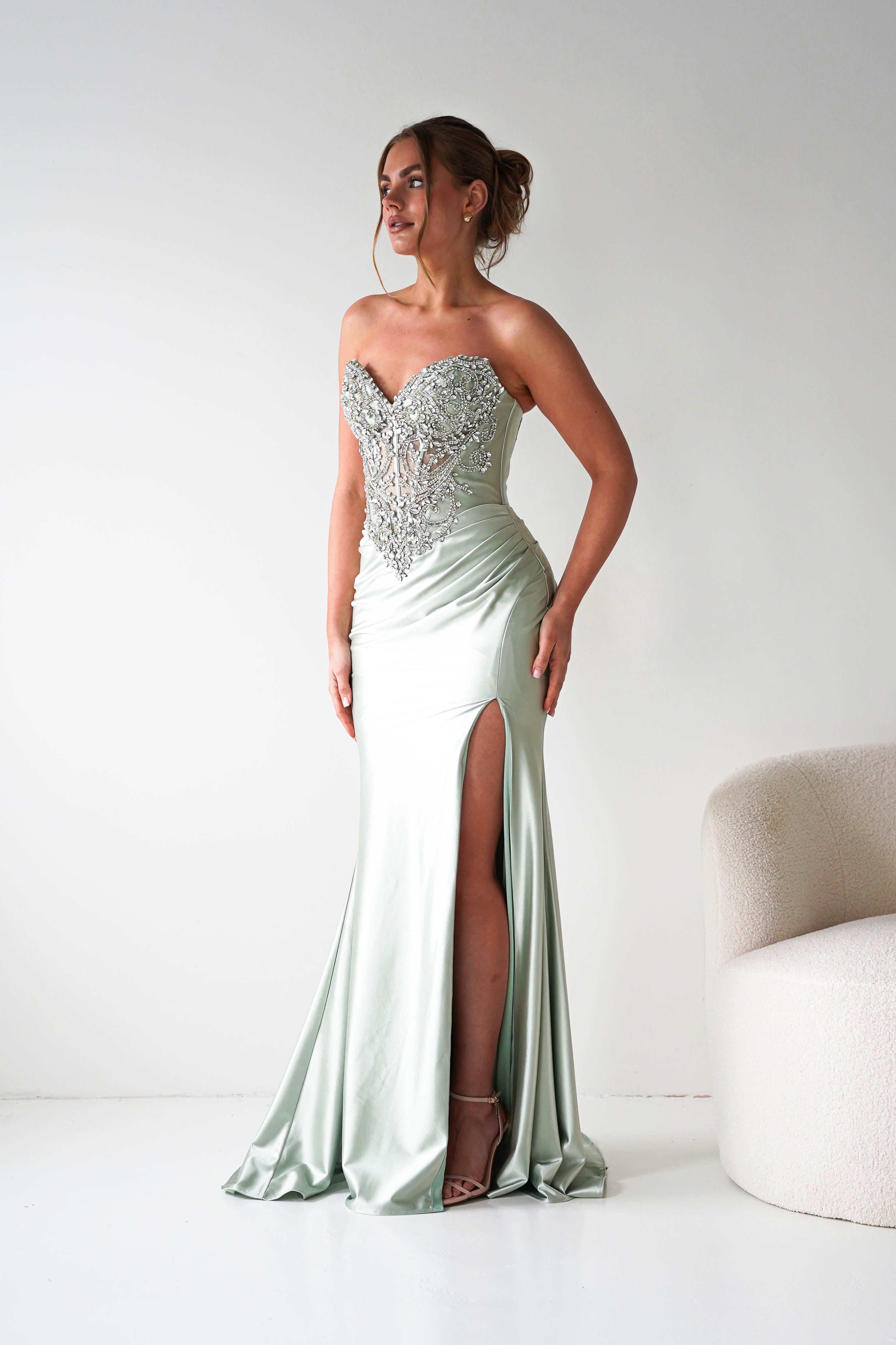Oh Hello Clothing Women > Clothing > Dresses Melville Strapless Embellished Corset Gown | Sage