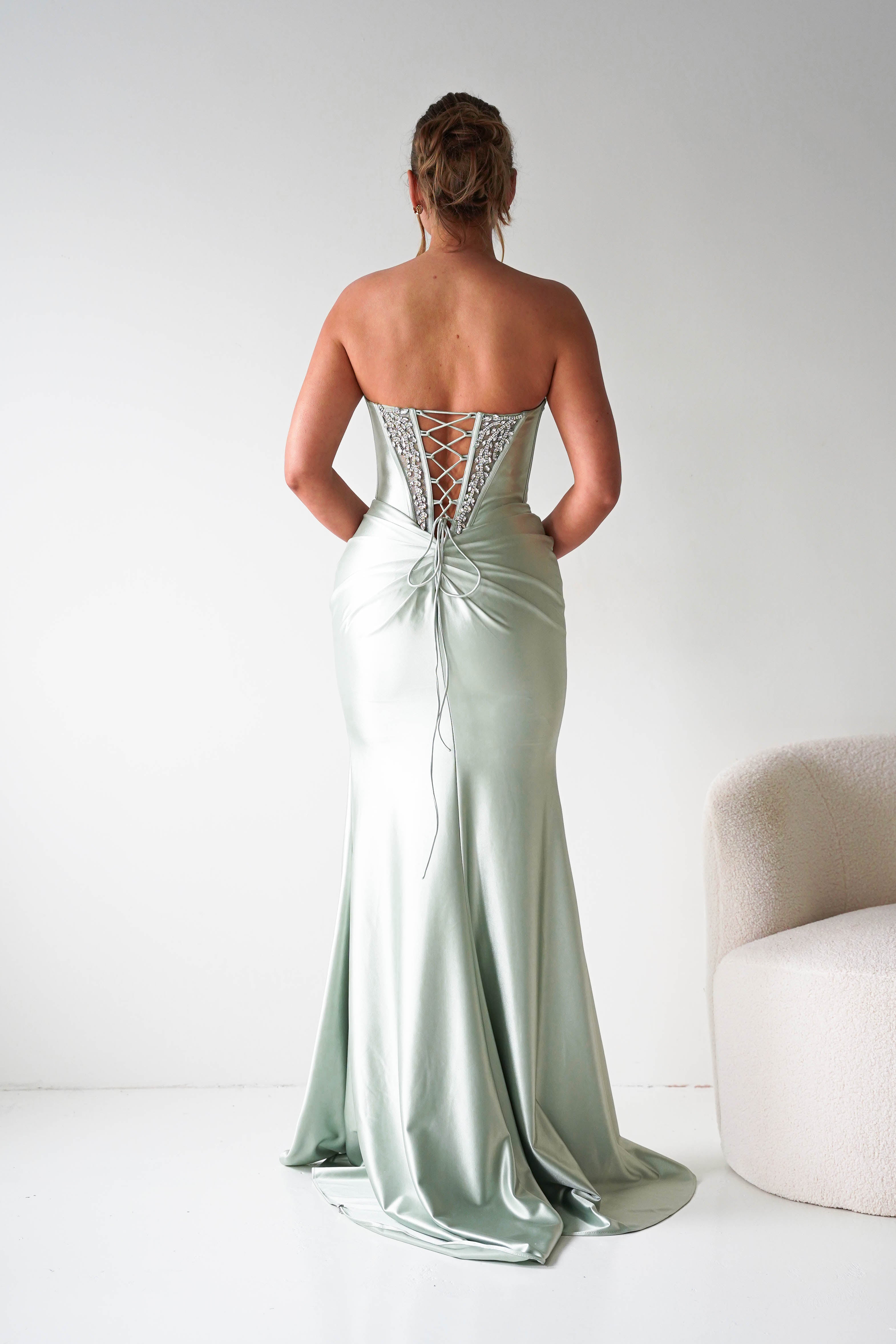 Oh Hello Clothing Women > Clothing > Dresses Melville Strapless Embellished Corset Gown | Sage