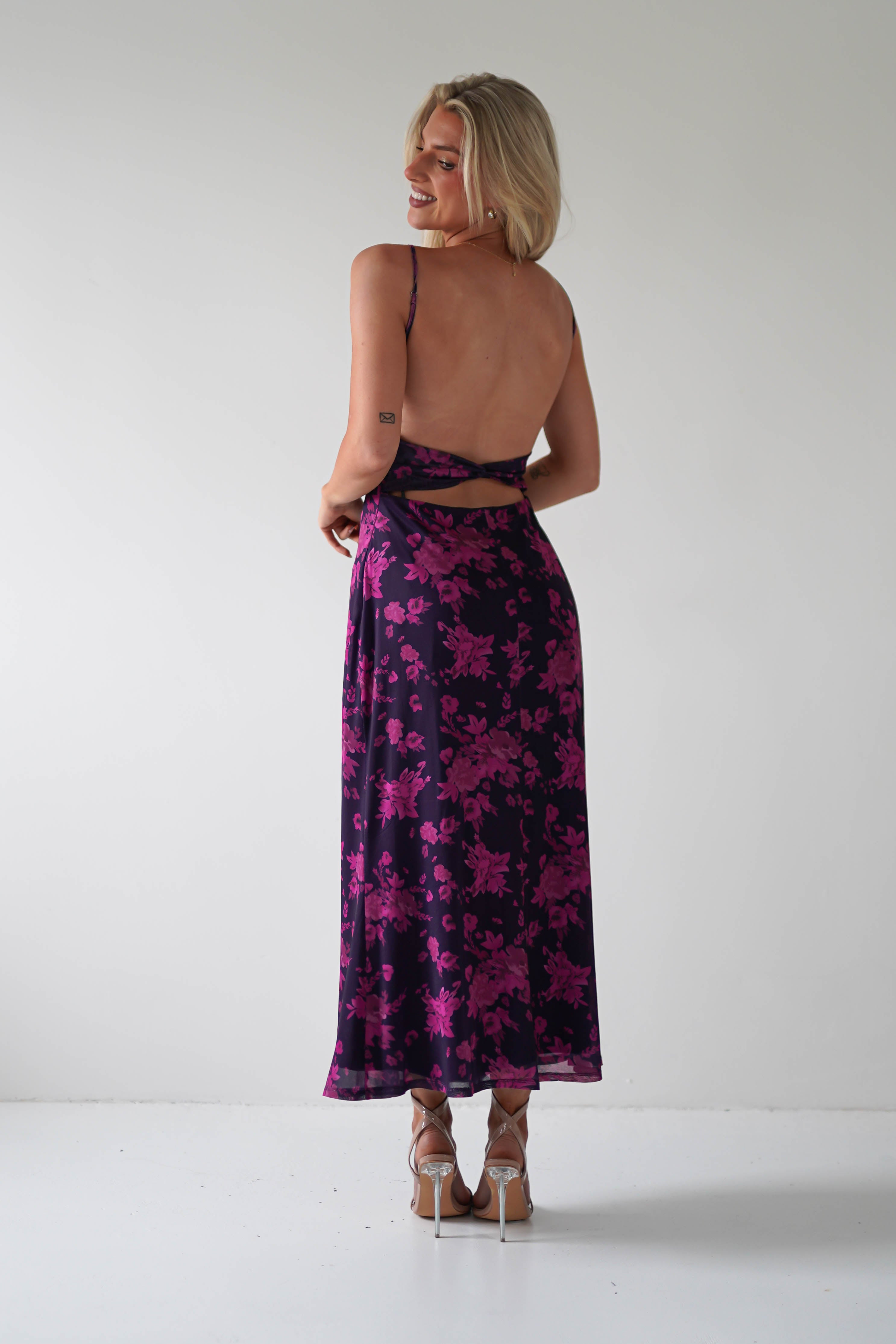 Merlo Low Back Midaxi Dress Grape Print | Wedding Guest Dress | Oh Hello Clothing