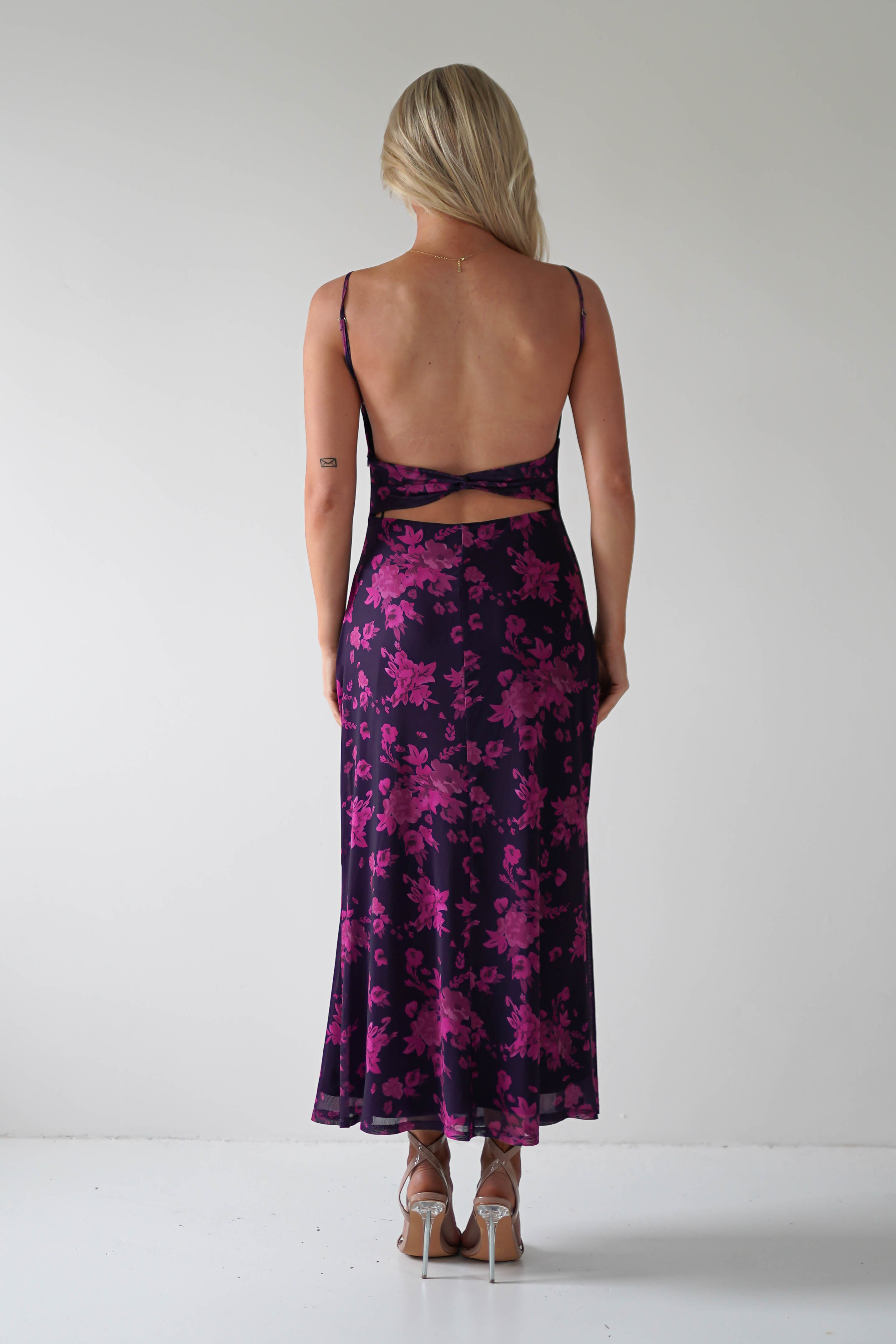 Merlo Low Back Midaxi Dress Grape Print | Wedding Guest Dress | Oh Hello Clothing