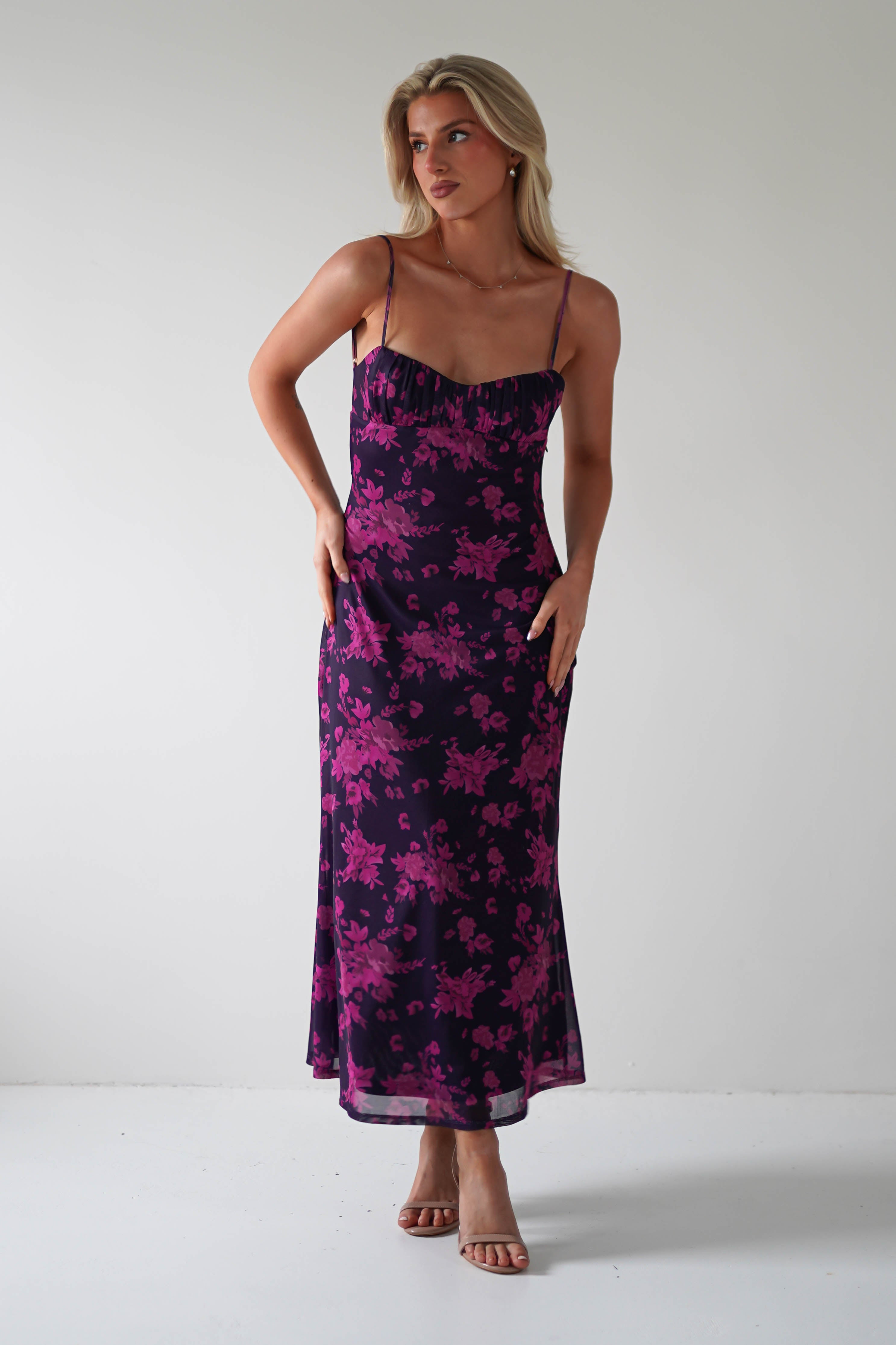 Merlo Low Back Midaxi Dress Grape Print | Wedding Guest Dress | Oh Hello Clothing