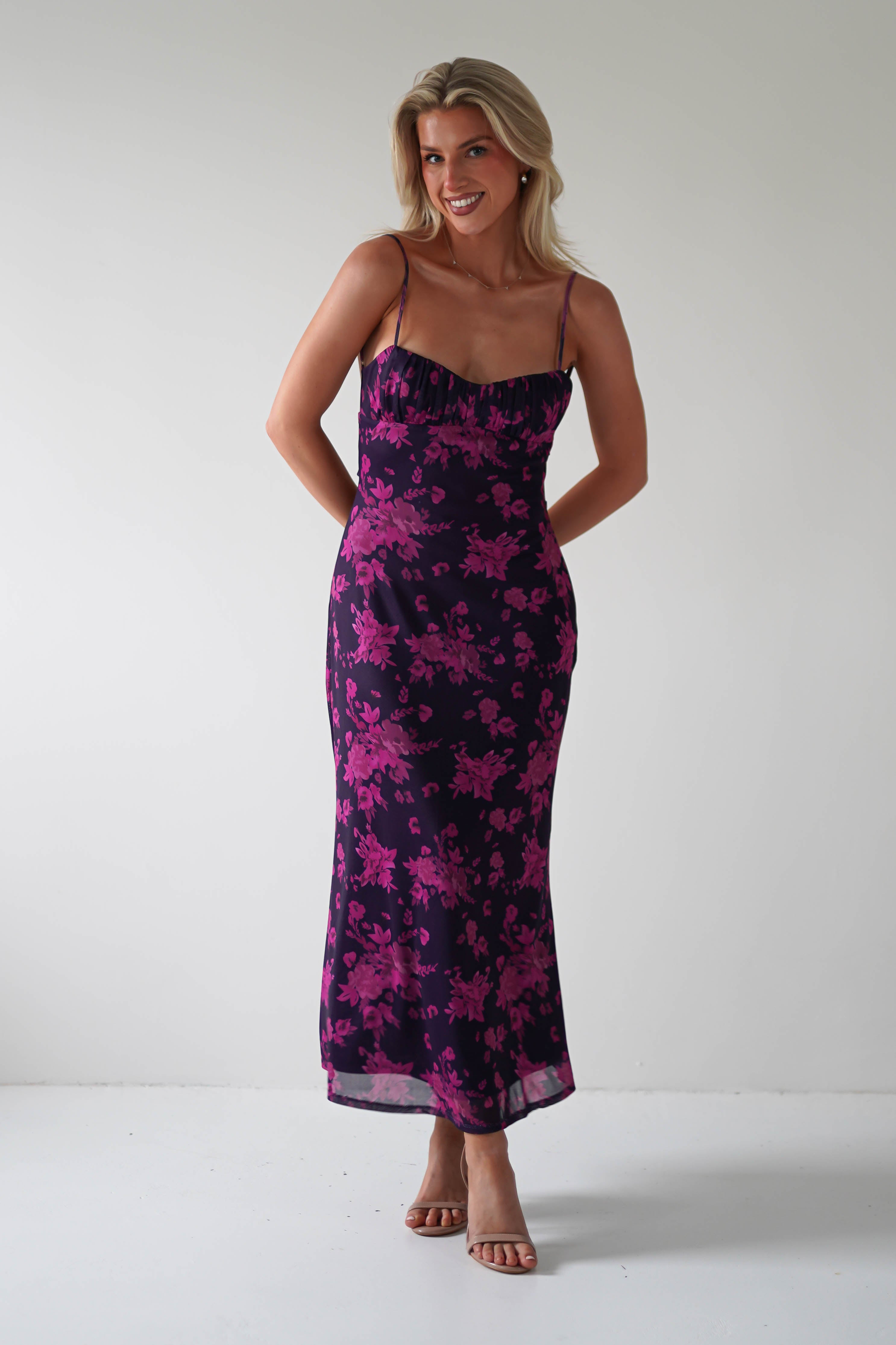 Merlo Low Back Midaxi Dress Grape Print | Wedding Guest Dress | Oh Hello Clothing