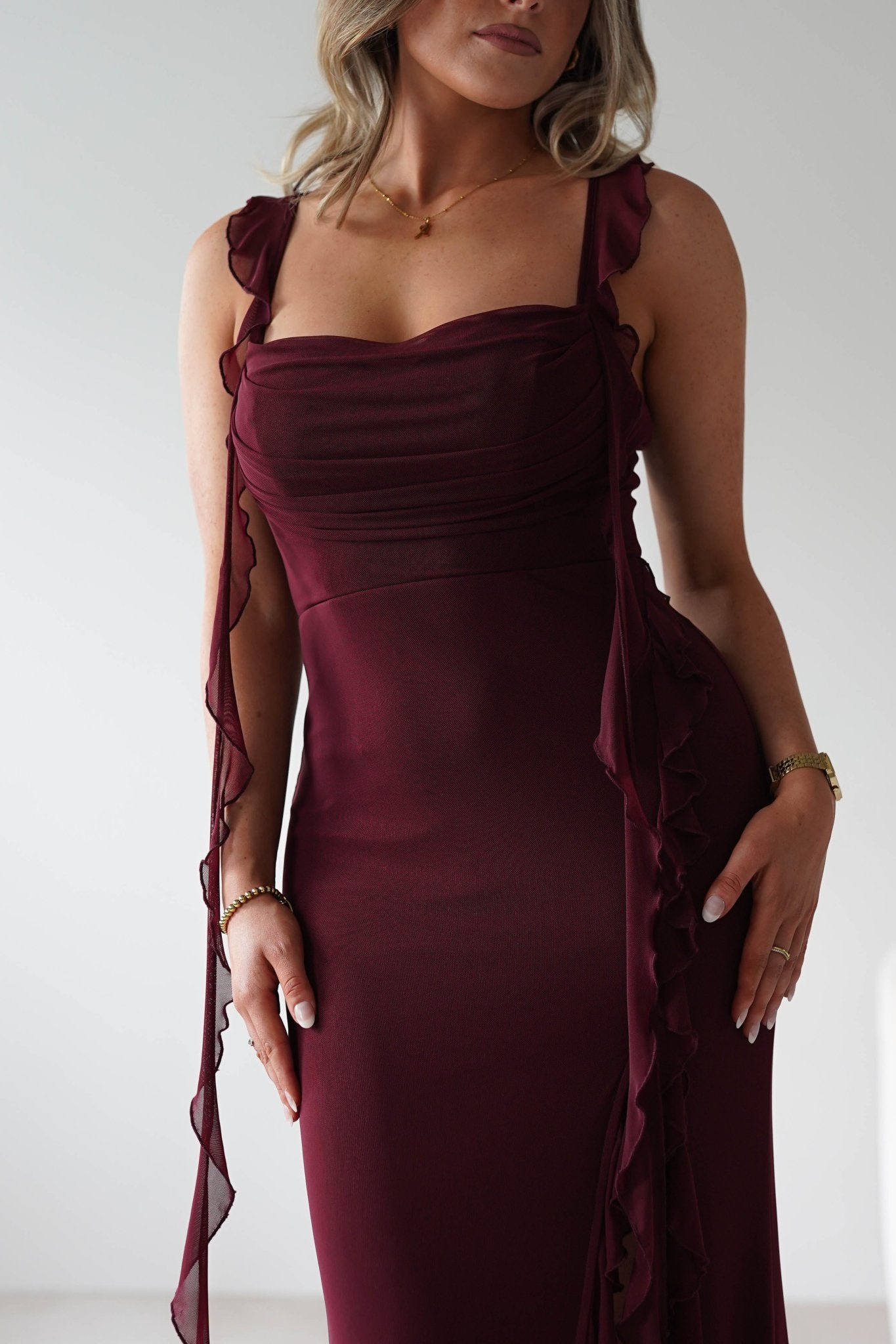 Mhissa Ruffle Maxi Dress Burgundy | Wedding Guest Dress | Maxi | Oh Hello Clothing