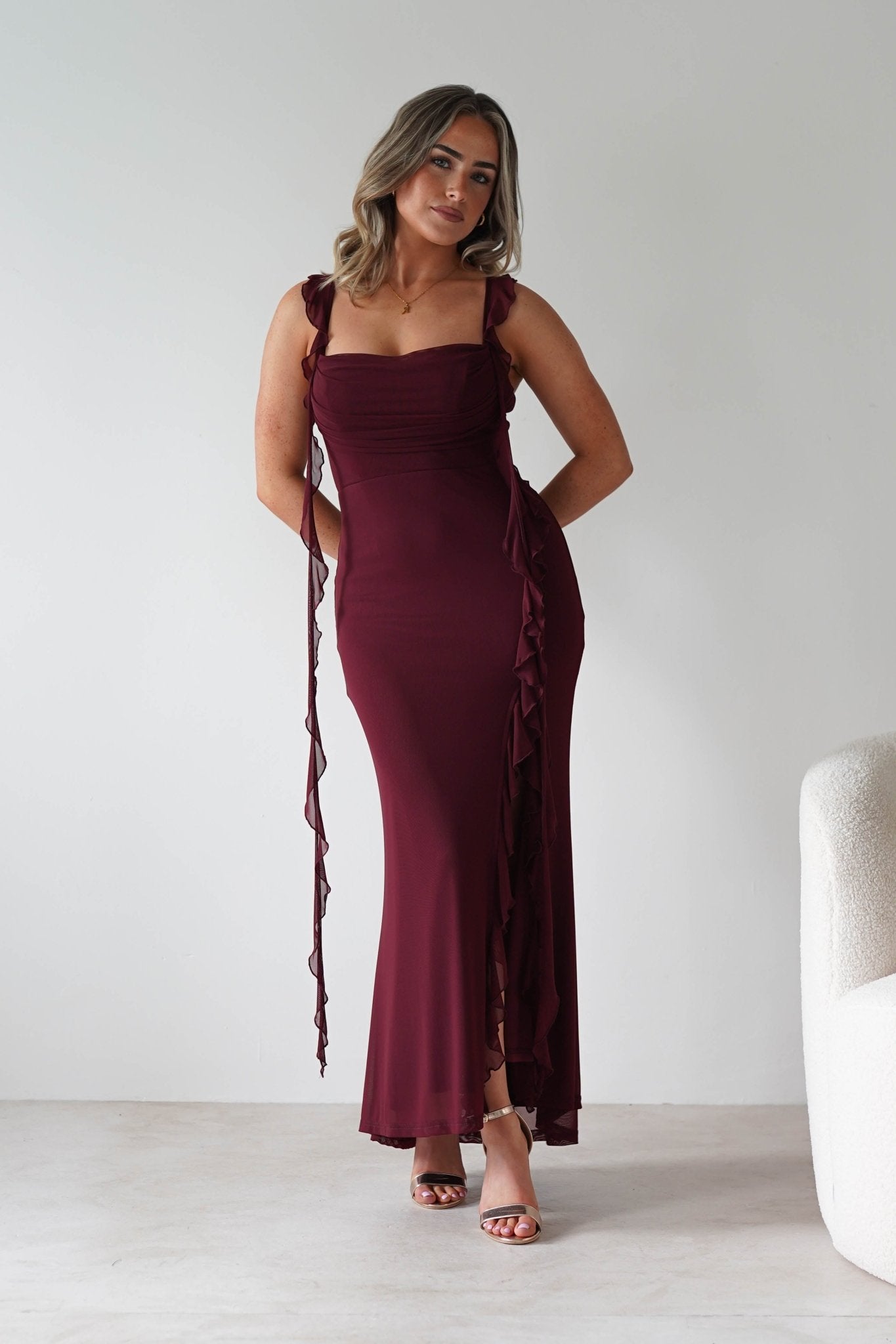 Mhissa Ruffle Maxi Dress Burgundy | Wedding Guest Dress | Maxi | Oh Hello Clothing