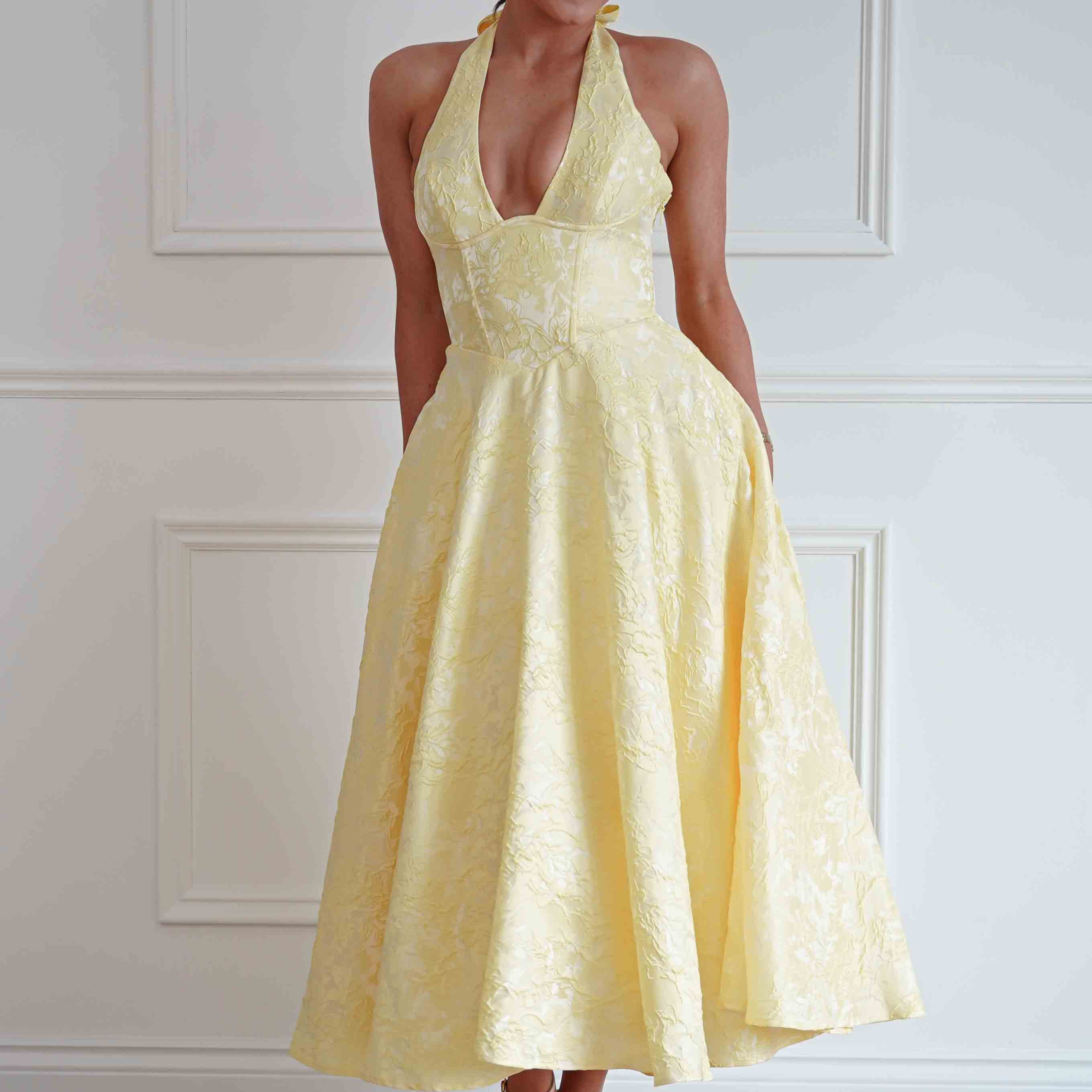 Oh Hello Clothing Women > Clothing > Dresses Mila Jacquard Plunge Midi Dress | Yellow
