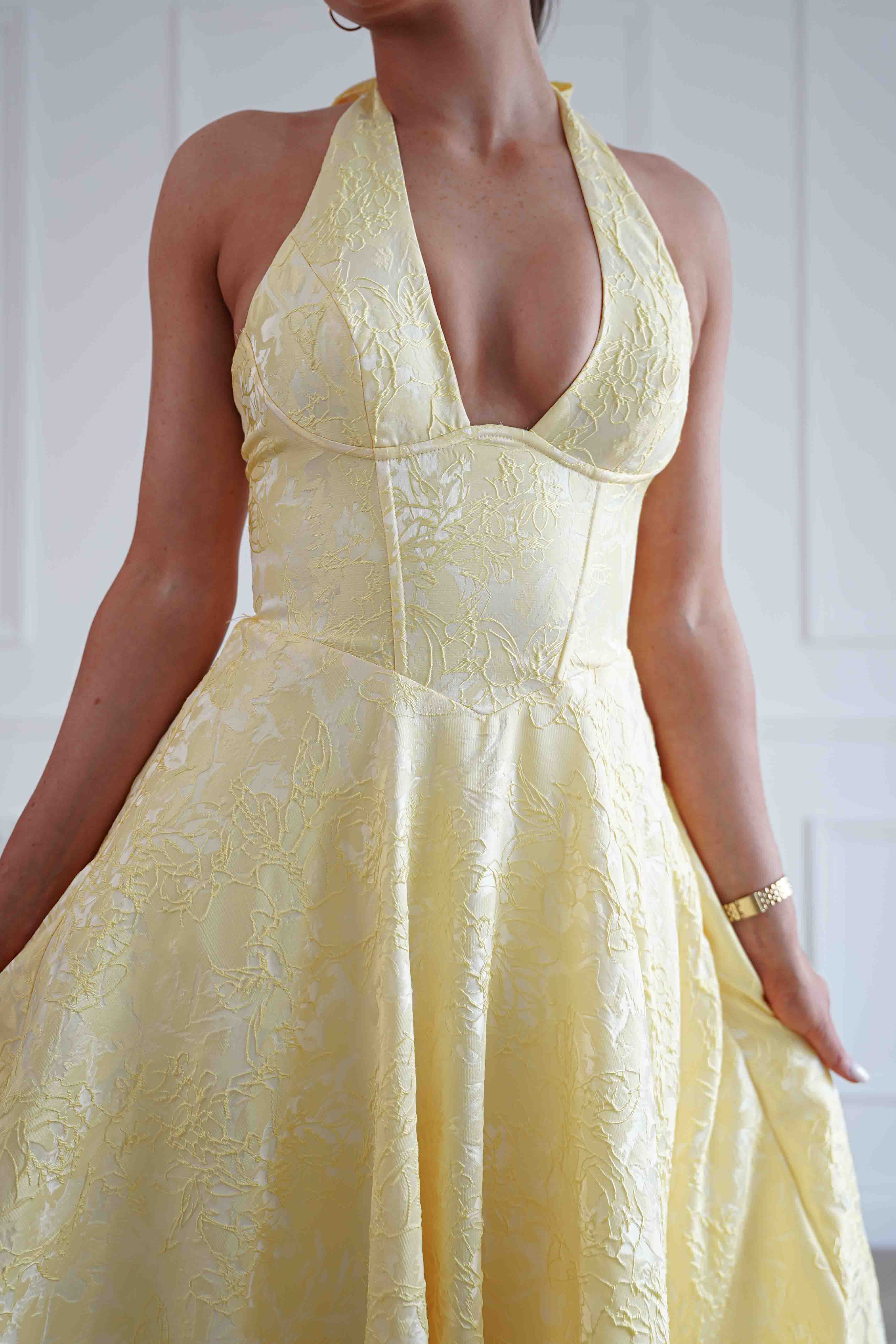 Oh Hello Clothing Women > Clothing > Dresses Mila Jacquard Plunge Midi Dress | Yellow