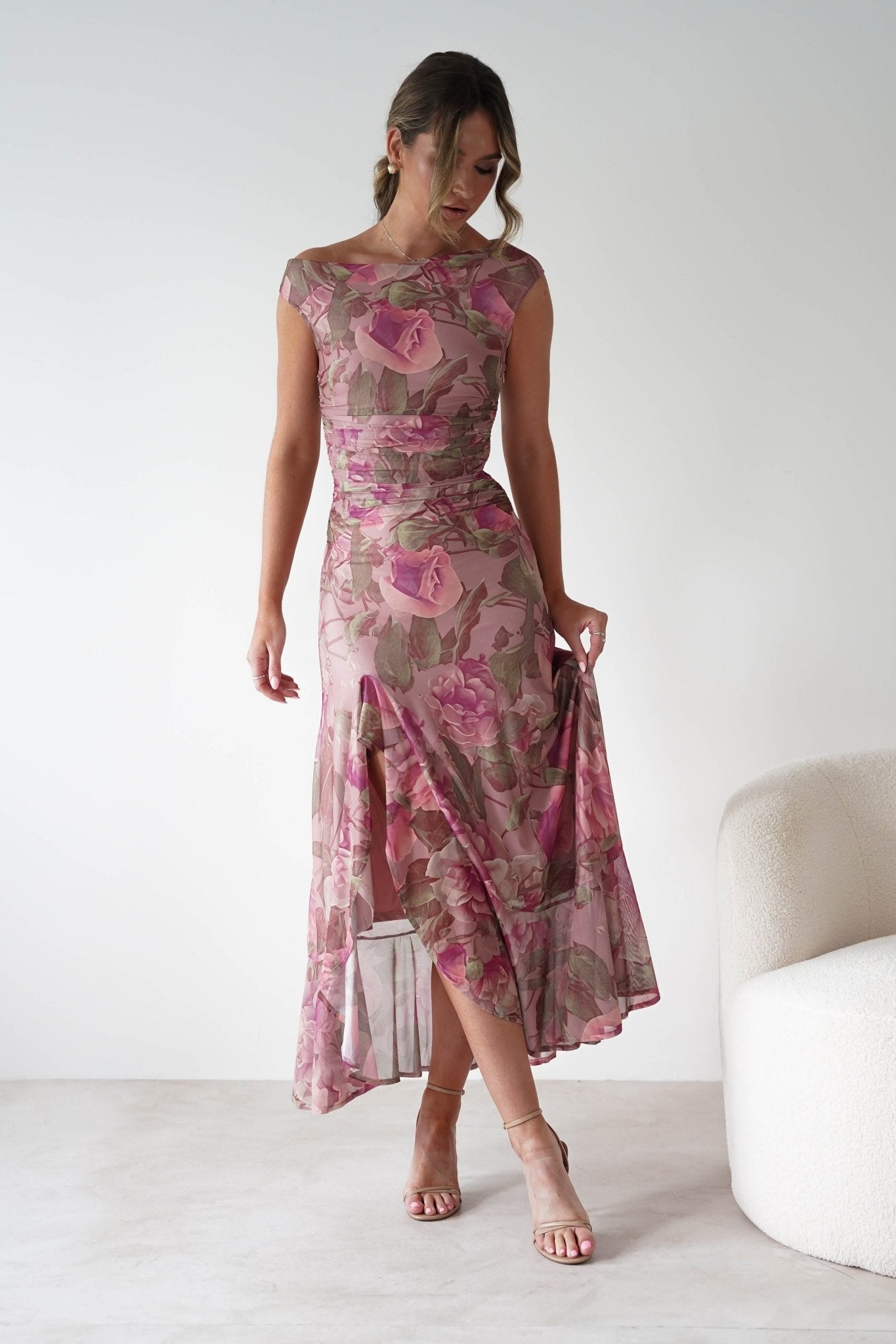 Milla Mesh Floral Bodycon Maxi Dress Blush | Wedding Guest Dress | Bodycon | Maxi | Oh Hello Clothing
