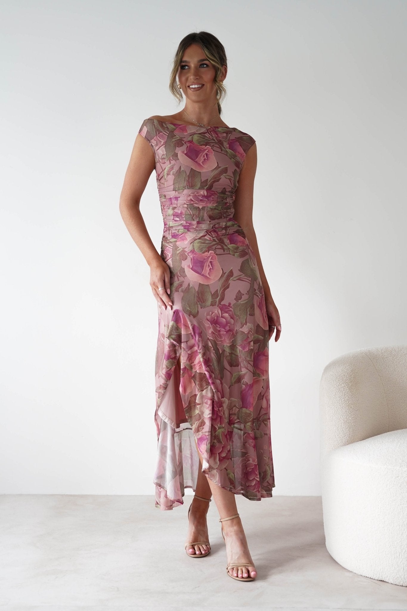 Milla Mesh Floral Bodycon Maxi Dress Blush | Wedding Guest Dress | Bodycon | Maxi | Oh Hello Clothing