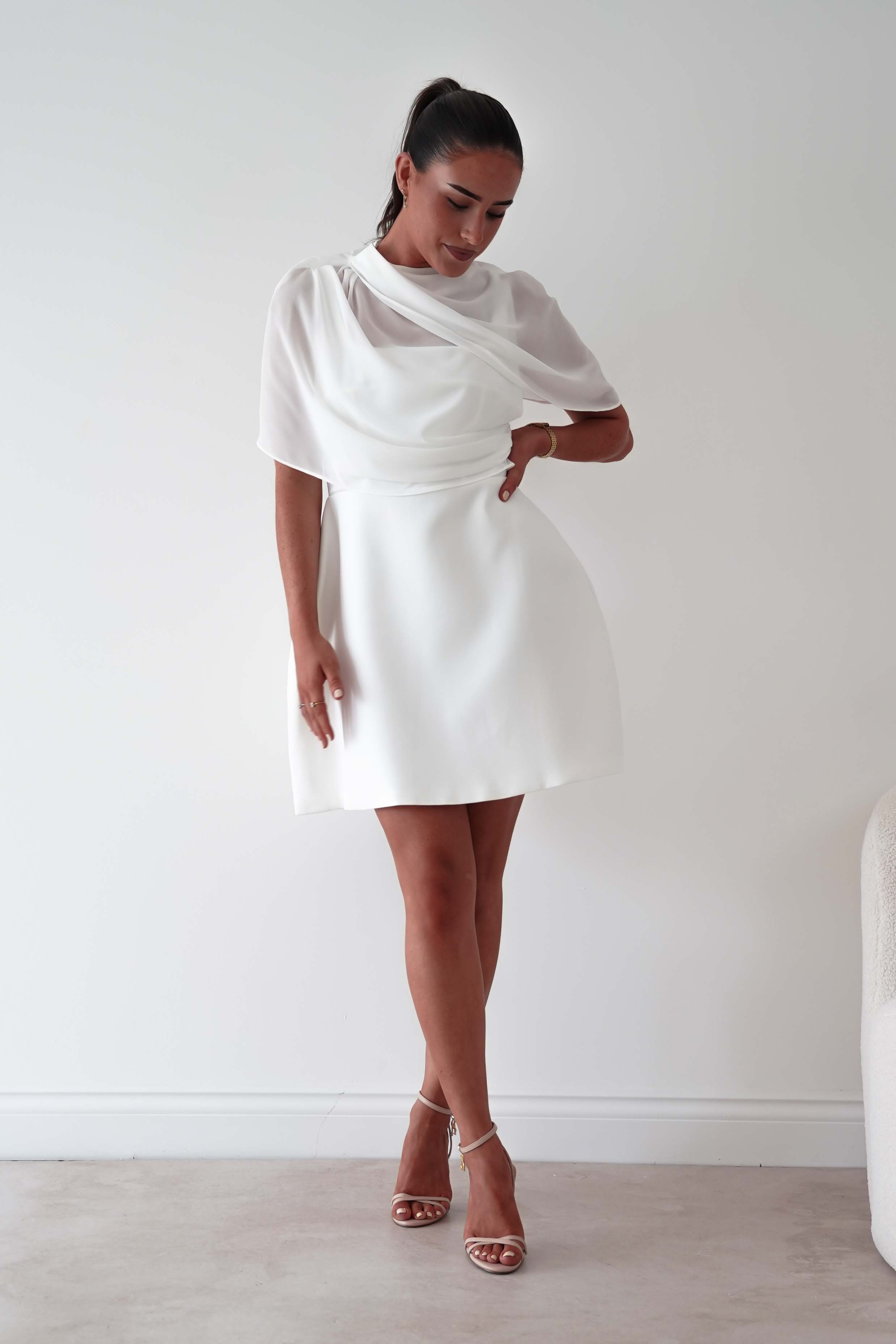 Oh Hello Clothing Women > Clothing > Dresses Millie Structured Chiffon Cape Mini Dress | White