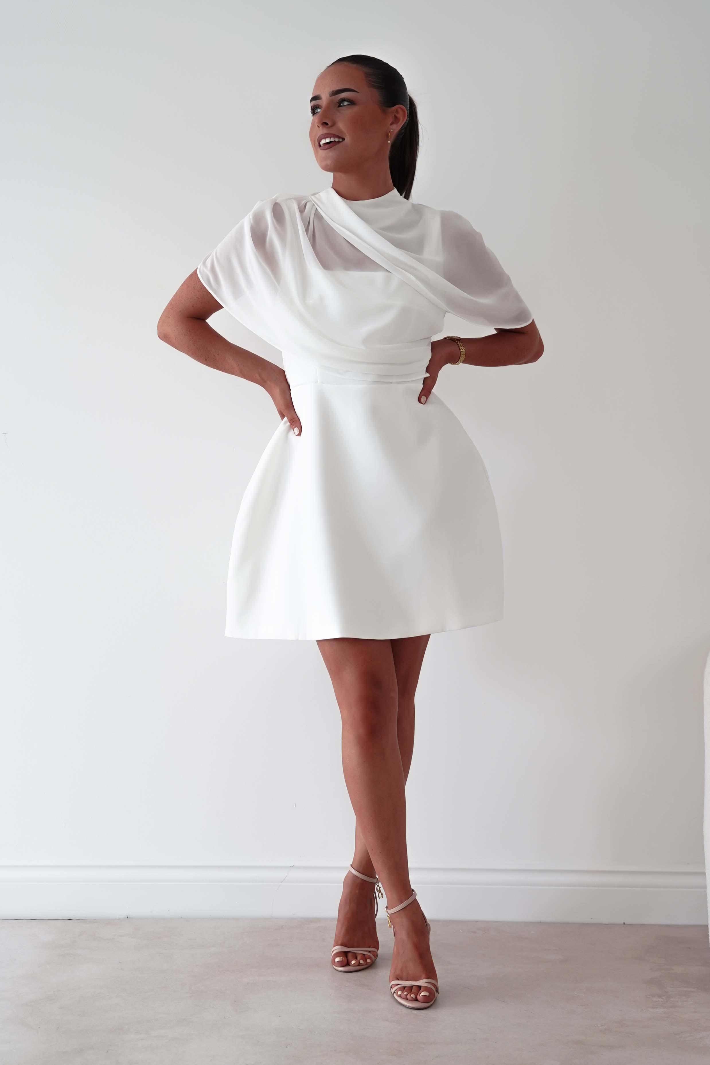 Oh Hello Clothing Women > Clothing > Dresses Millie Structured Chiffon Cape Mini Dress | White