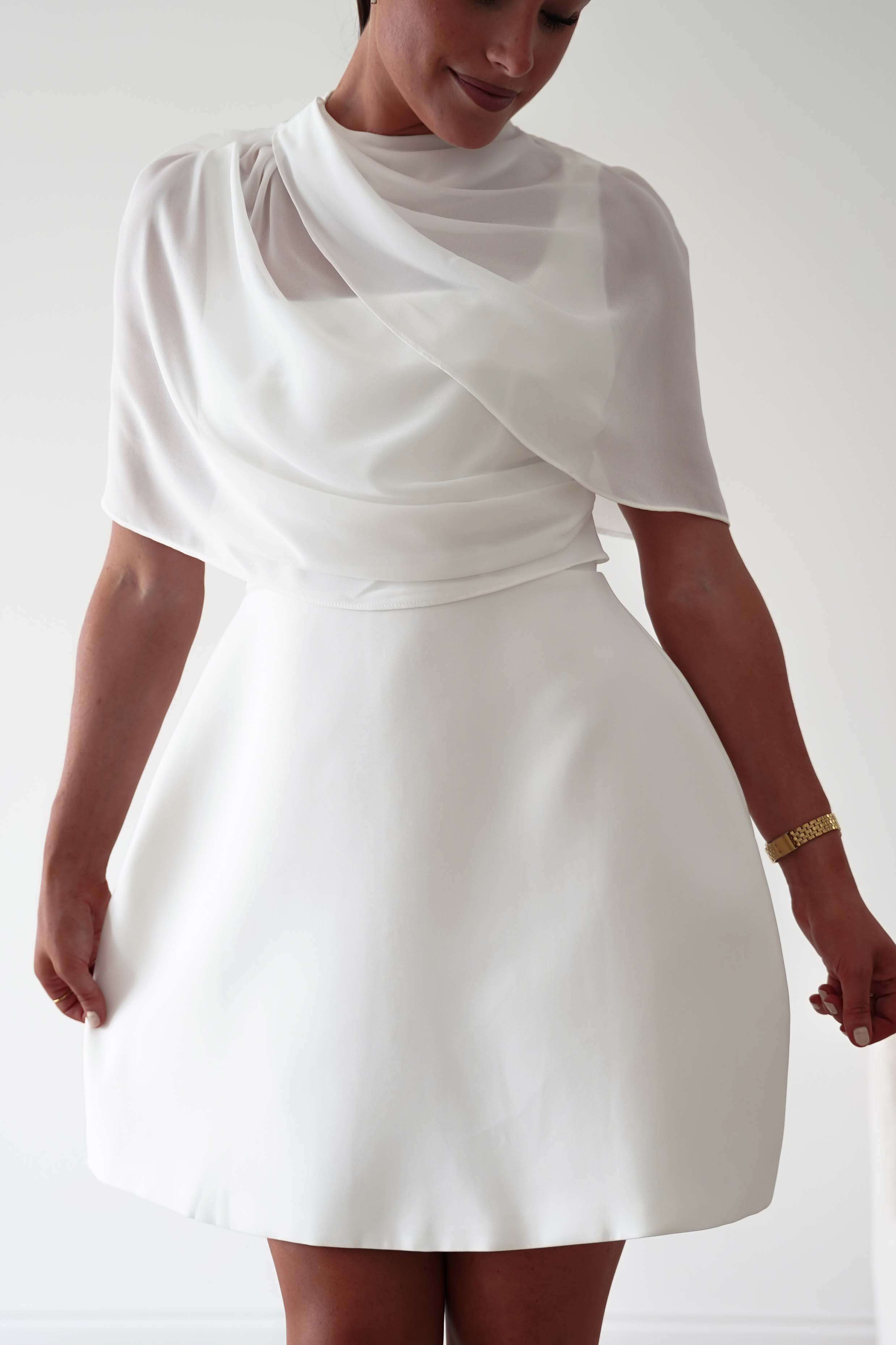 Oh Hello Clothing Women > Clothing > Dresses Millie Structured Chiffon Cape Mini Dress | White