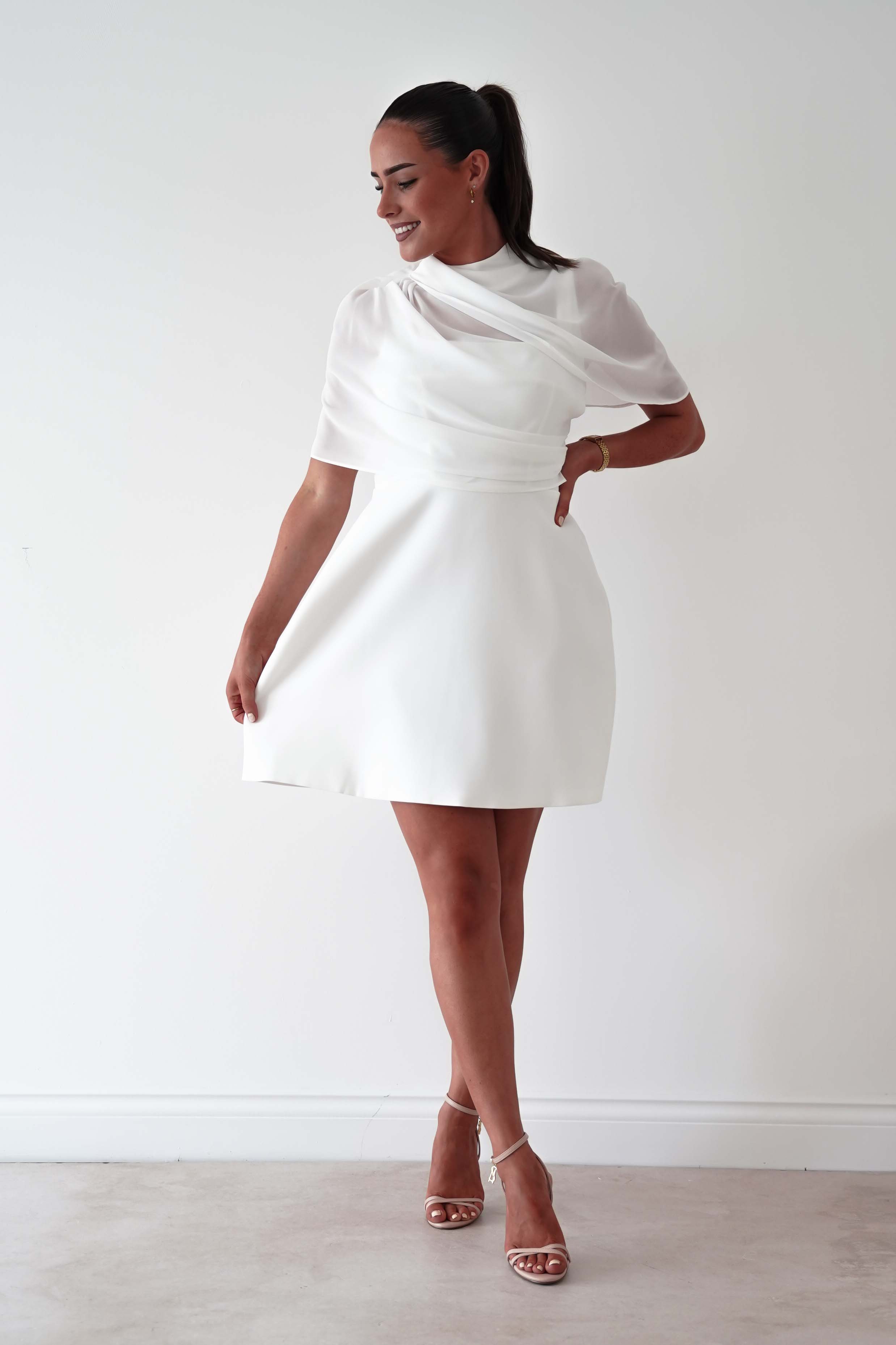Oh Hello Clothing Women > Clothing > Dresses Millie Structured Chiffon Cape Mini Dress | White
