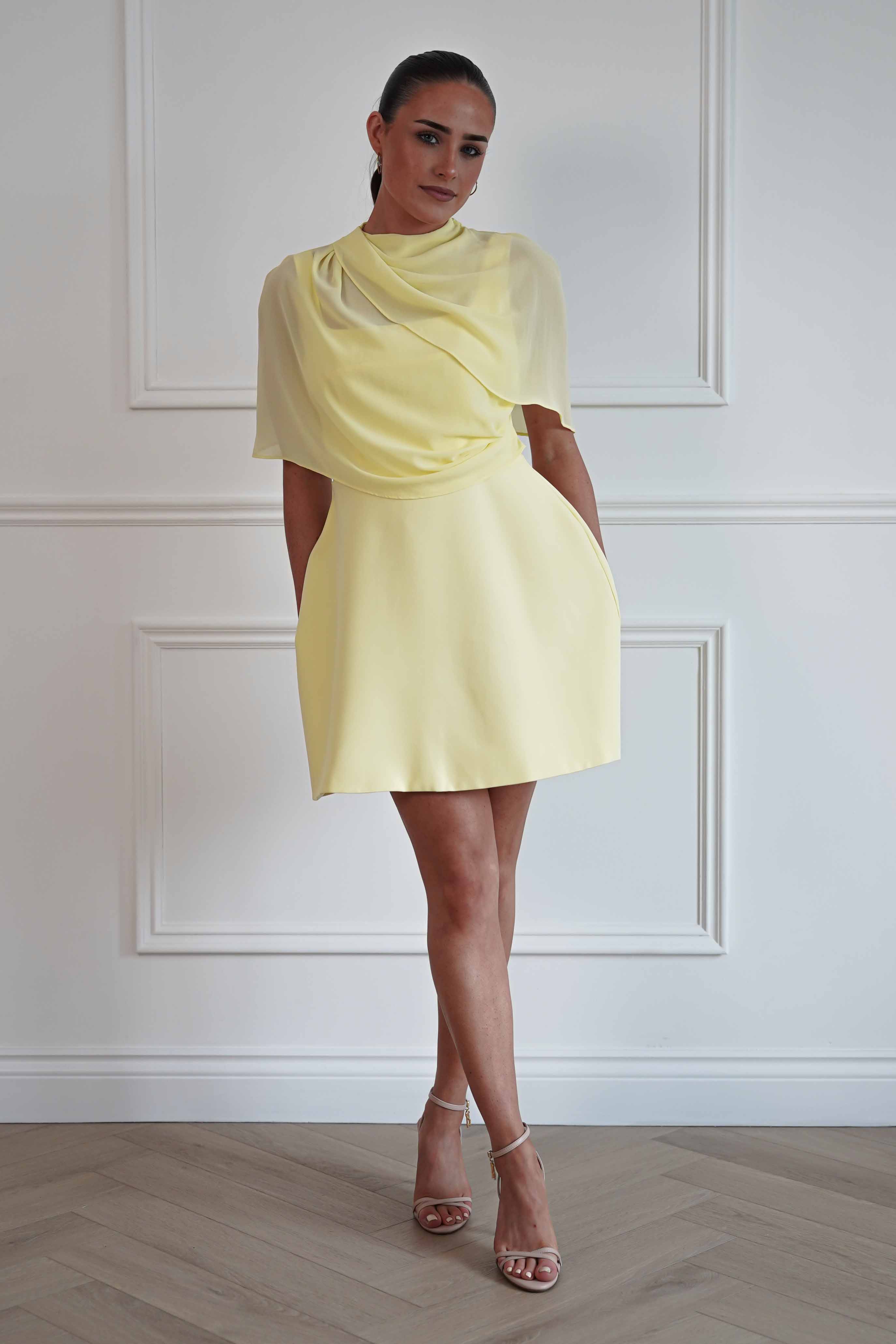 Oh Hello Clothing Women > Clothing > Dresses Millie Structured Chiffon Cape Mini Dress | Yellow