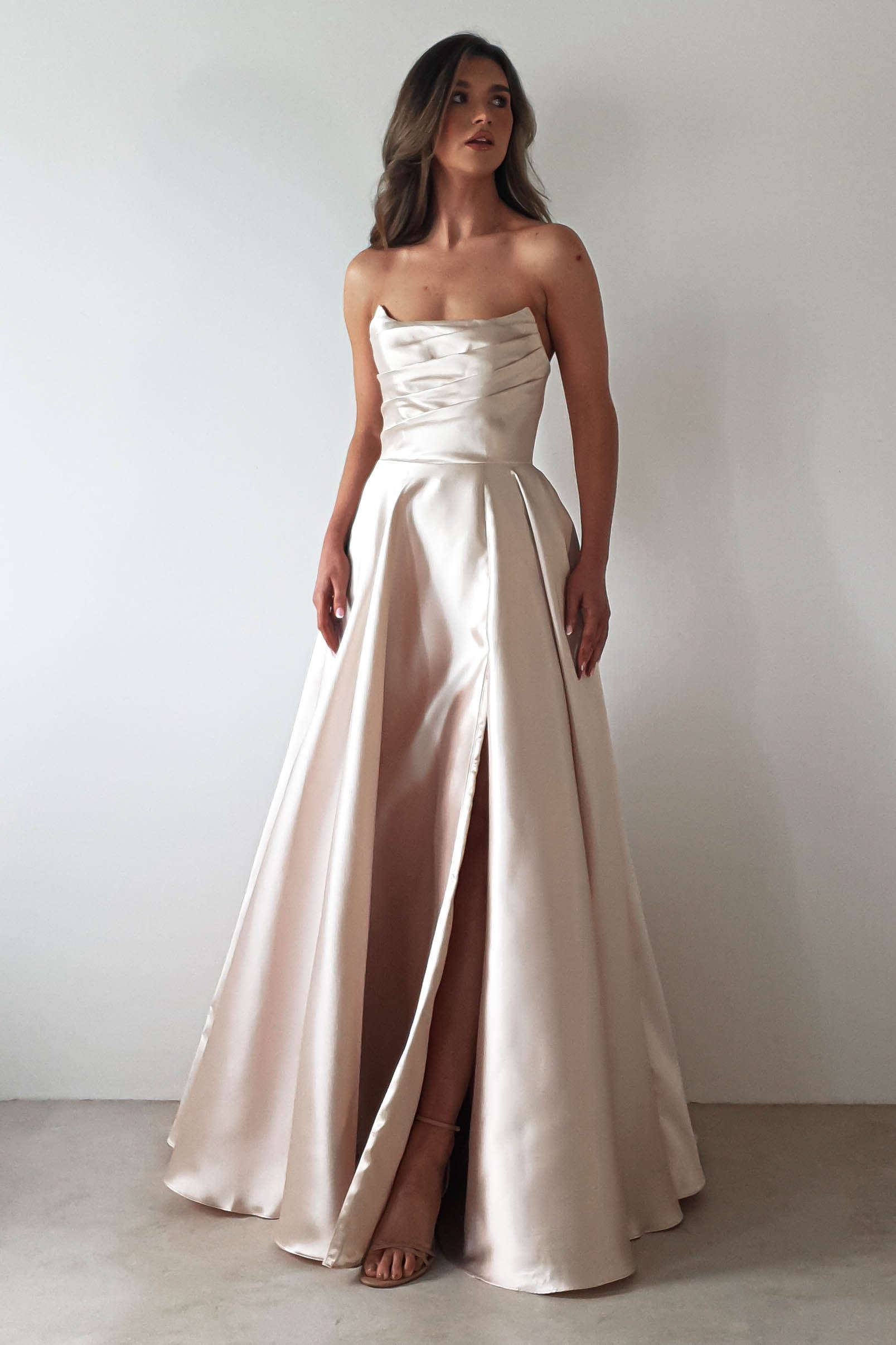 Miya Corset A-Line Satin Gown | Champagne | Debs & Prom | Formal Gown | Oh Hello Clothing