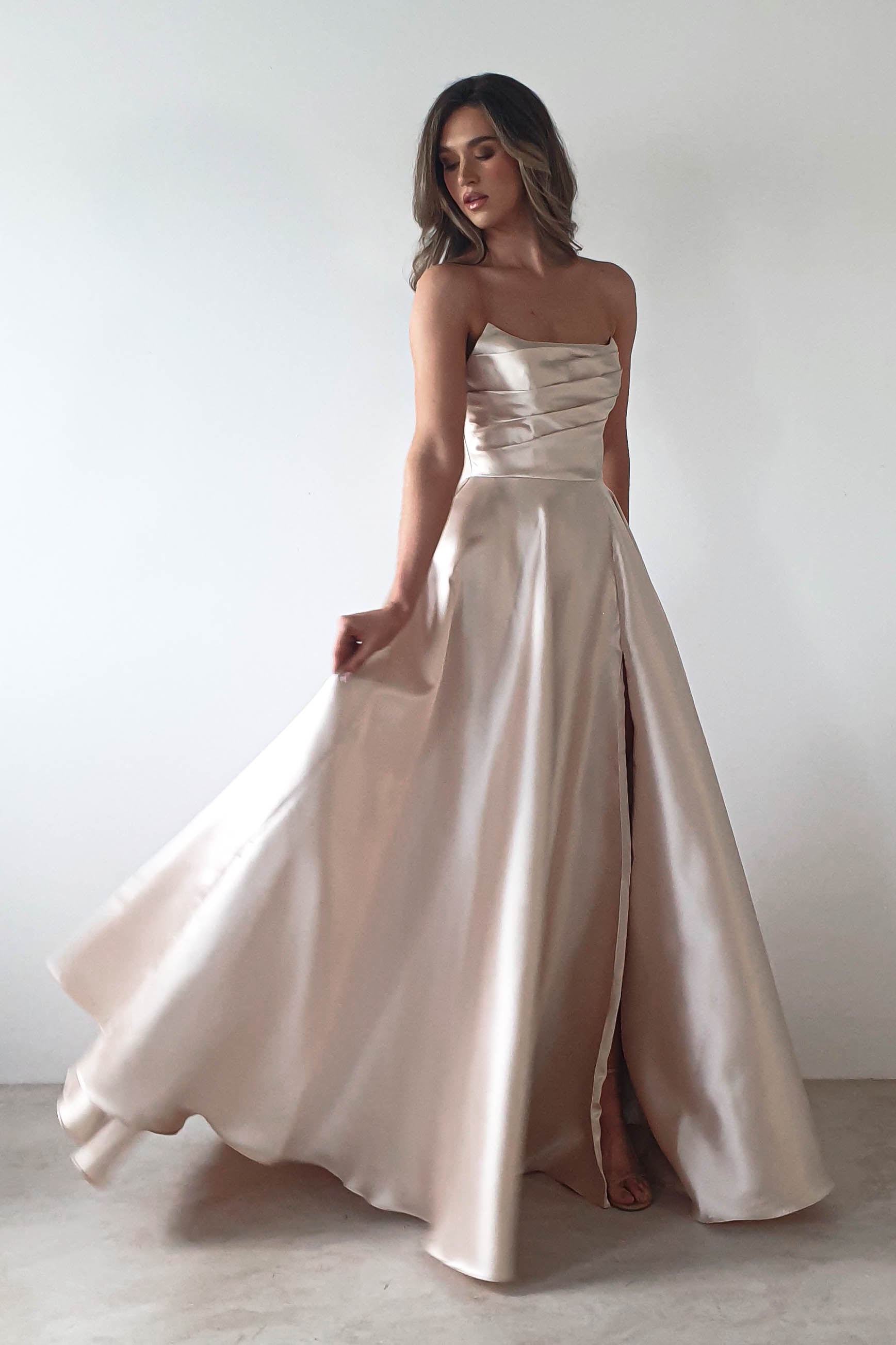 Miya Corset A-Line Satin Gown | Champagne | Debs & Prom | Formal Gown | Oh Hello Clothing