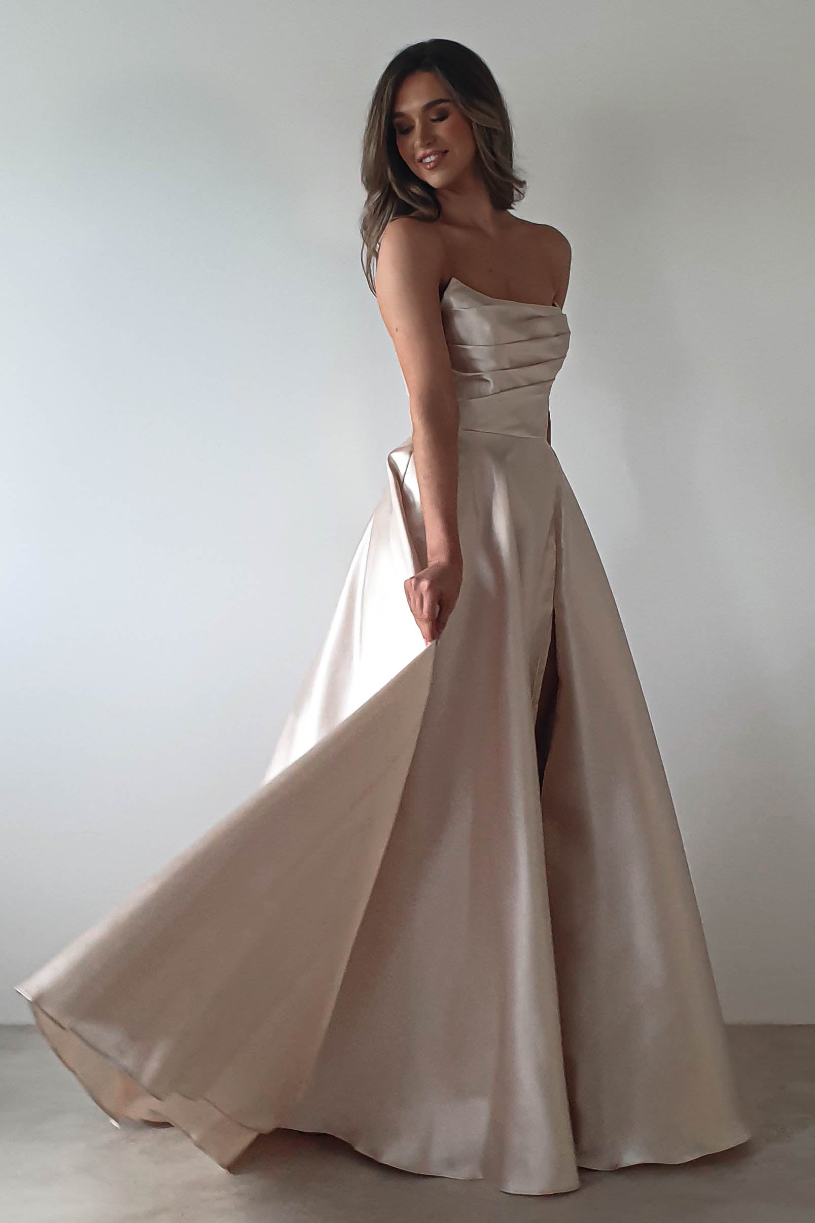 Miya Corset A-Line Satin Gown | Champagne | Debs & Prom | Formal Gown | Oh Hello Clothing