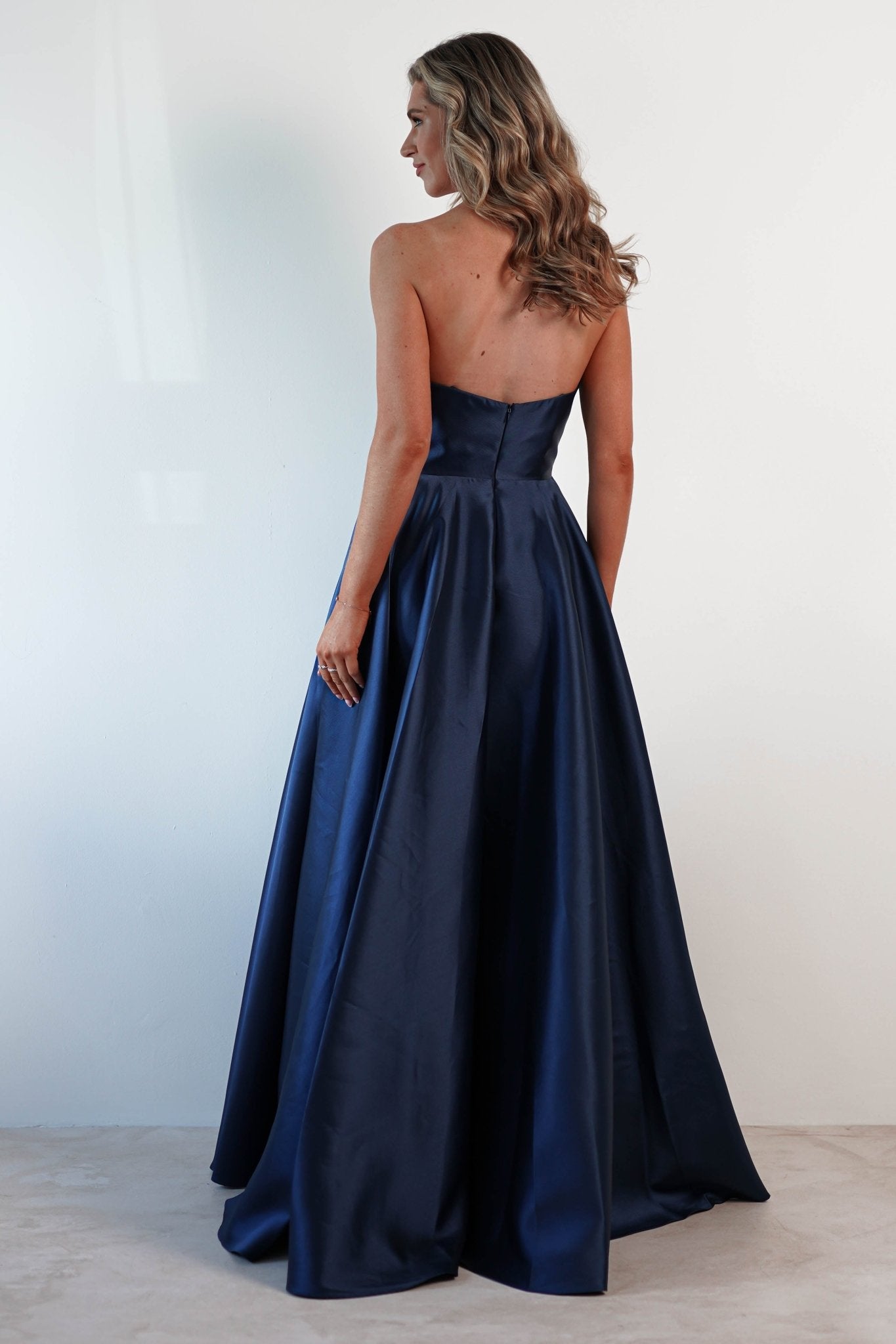 Miya Corset A-Line Satin Gown | Navy | Debs & Prom | Formal Gown | Oh Hello Clothing