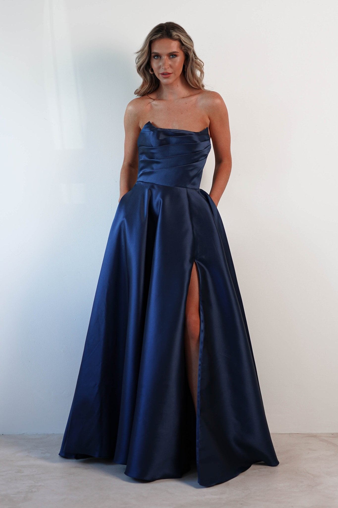 Miya Corset A-Line Satin Gown | Navy | Debs & Prom | Formal Gown | Oh Hello Clothing