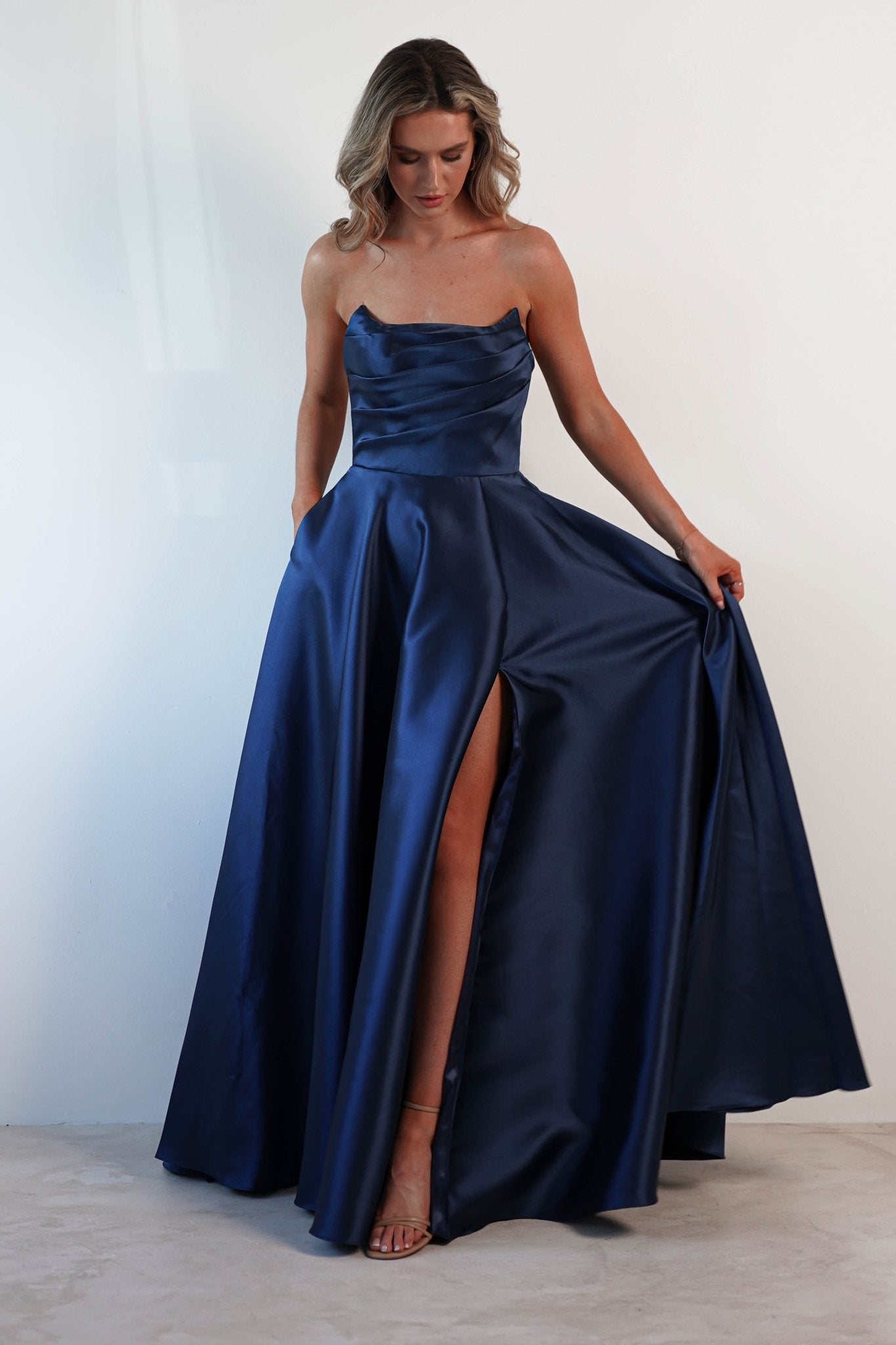 Miya Corset A-Line Satin Gown | Navy | Debs & Prom | Formal Gown | Oh Hello Clothing
