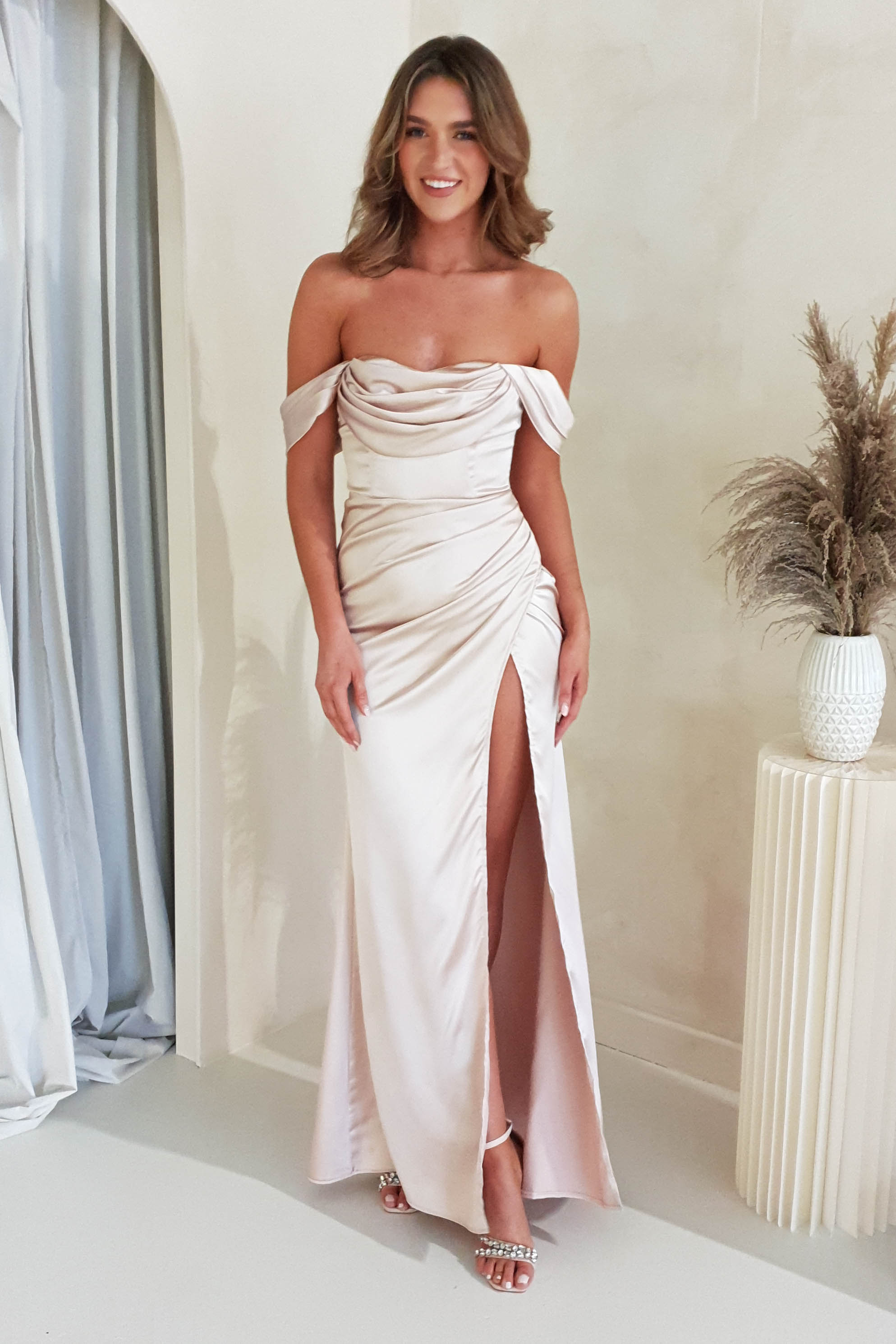 Monica Off The Shoulder Gown | Champagne | Graduation | Bride To Be Hen Dress | Oh Hello Clothing