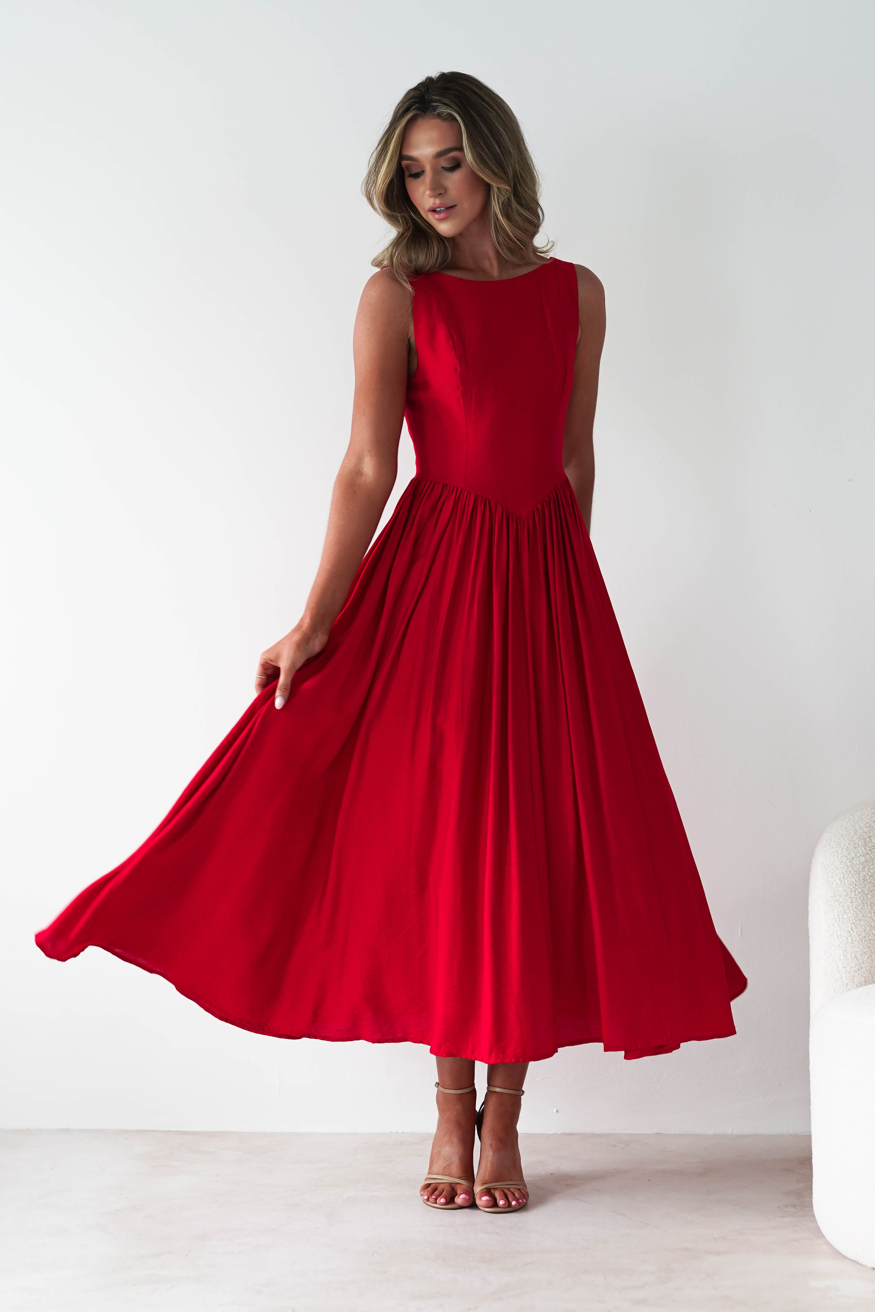 Monroe Skater Midaxi Dress Red | Wedding Guest Dress | Skater | Oh Hello Clothing