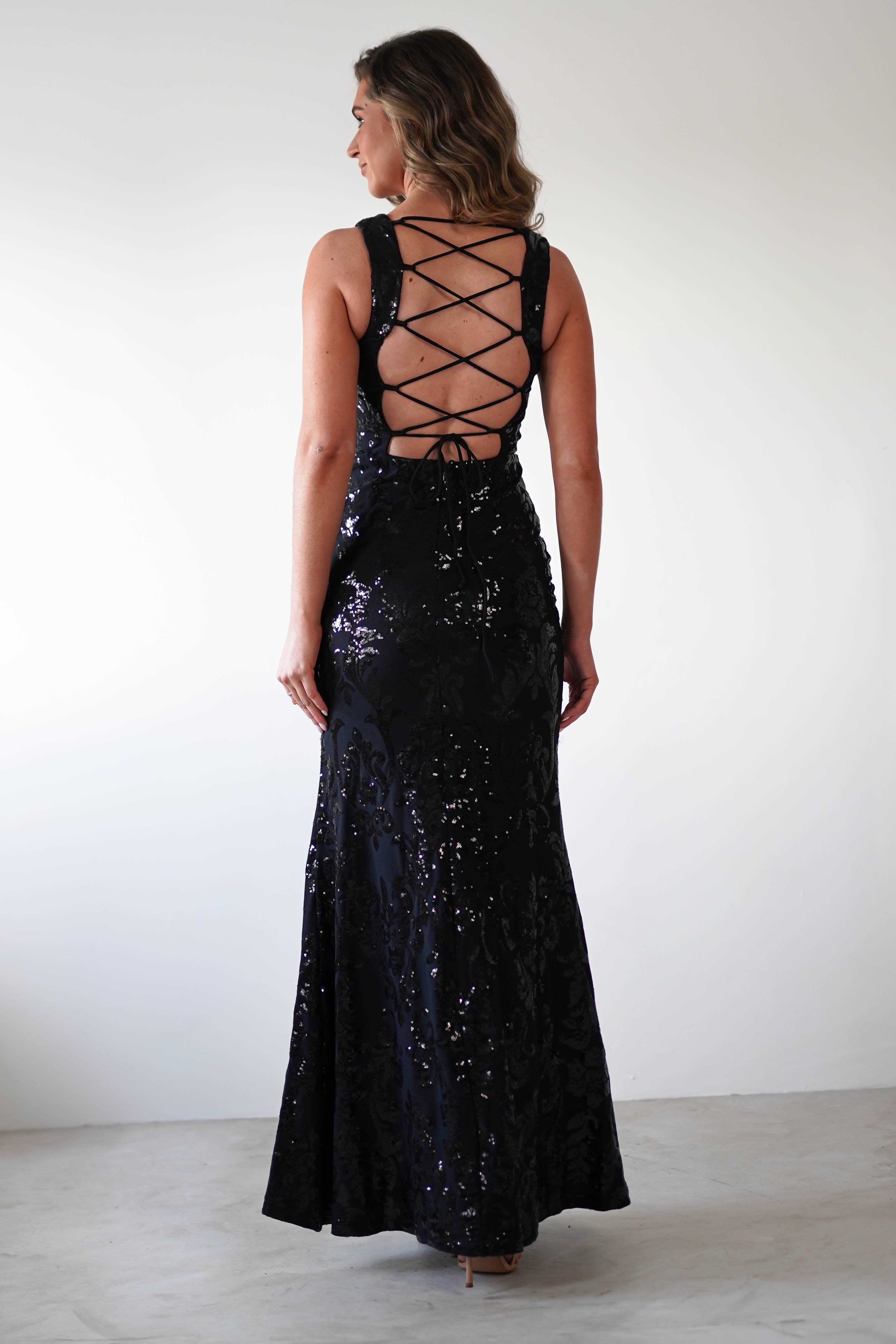 Nadia Square Neck Sequin Gown | Black | Debs & Prom | Formal Gown | Oh Hello Clothing