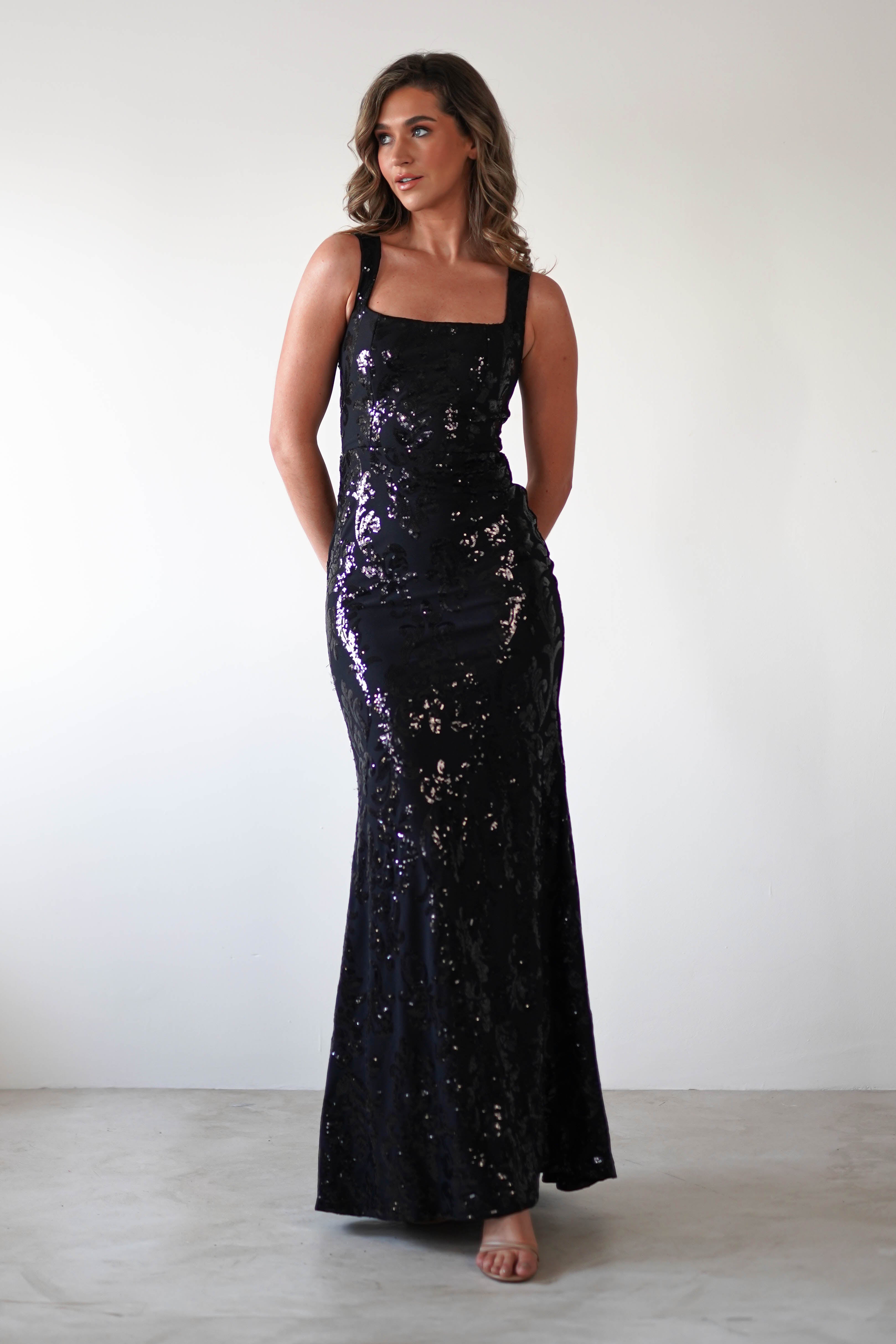Nadia Square Neck Sequin Gown | Black | Debs & Prom | Formal Gown | Oh Hello Clothing
