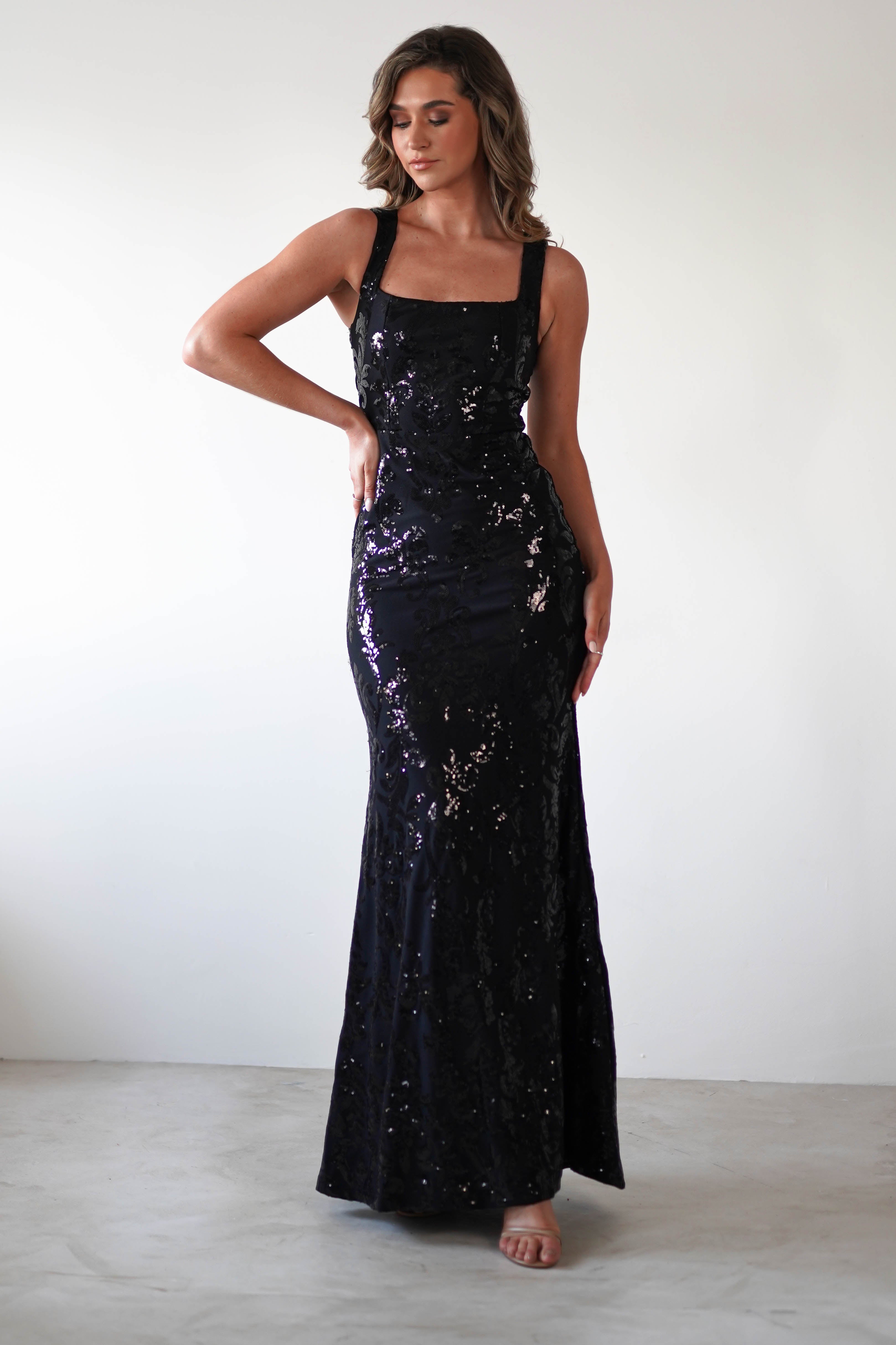 Nadia Square Neck Sequin Gown | Black | Debs & Prom | Formal Gown | Oh Hello Clothing
