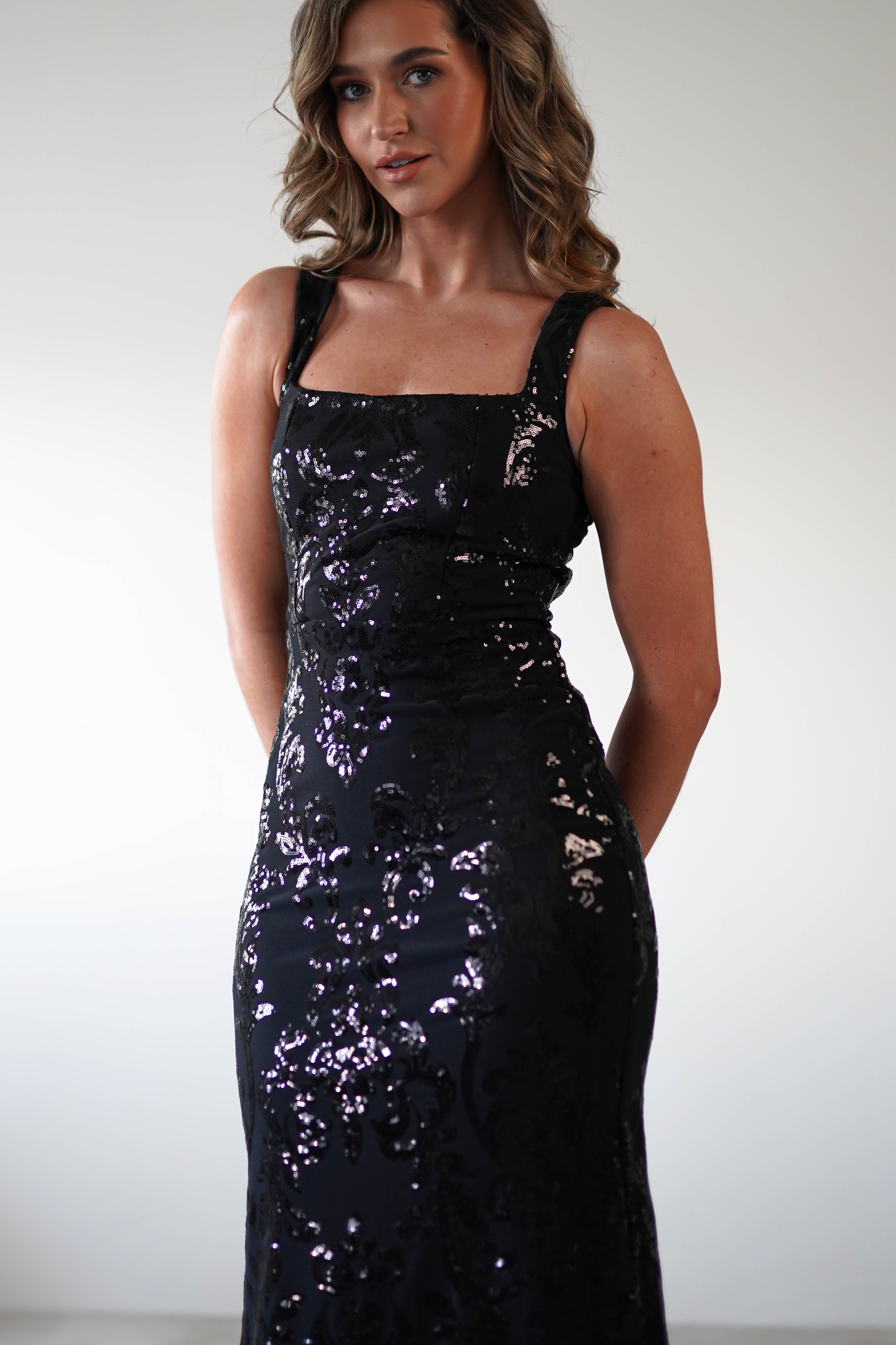 Nadia Square Neck Sequin Gown | Black | Debs & Prom | Formal Gown | Oh Hello Clothing
